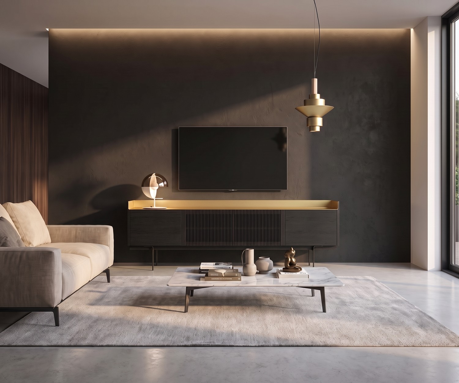 Punt Stockholm TV-lowboard met gouden accent Punt Stockholm TV-lowboard in donker hout met goudaccent in een modern interieur met zithoek.