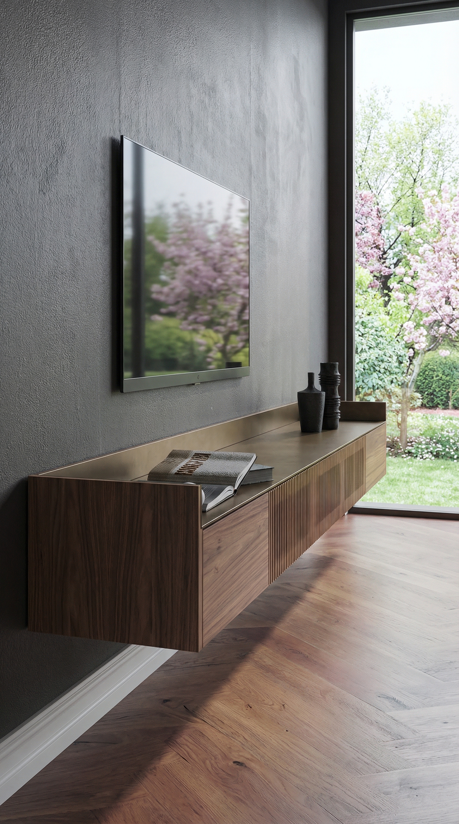 Punt Stockholm Slim Sideboard hangend in walnoot met bronzen afdekking in een moderne ambiance
