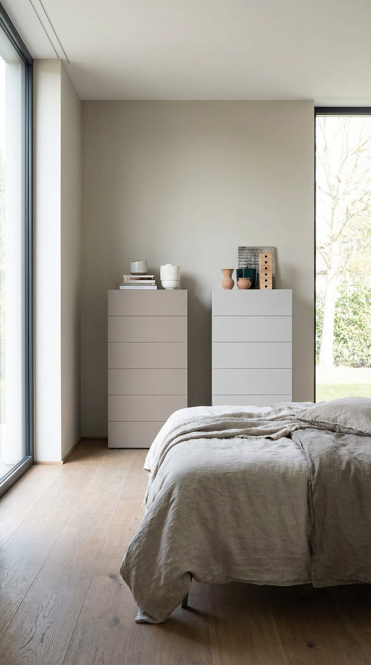 Twee elegante, smalle hoge ladekasten in een moderne slaapkamer, die optisch doen denken aan een gracieuze skyline en de ruimte luchtig laten aanvoelen. Twee elegante, smalle hoge ladekasten in een moderne slaapkamer, die optisch doen denken aan een gracieuze skyline en de ruimte luchtig laten aanvoelen.