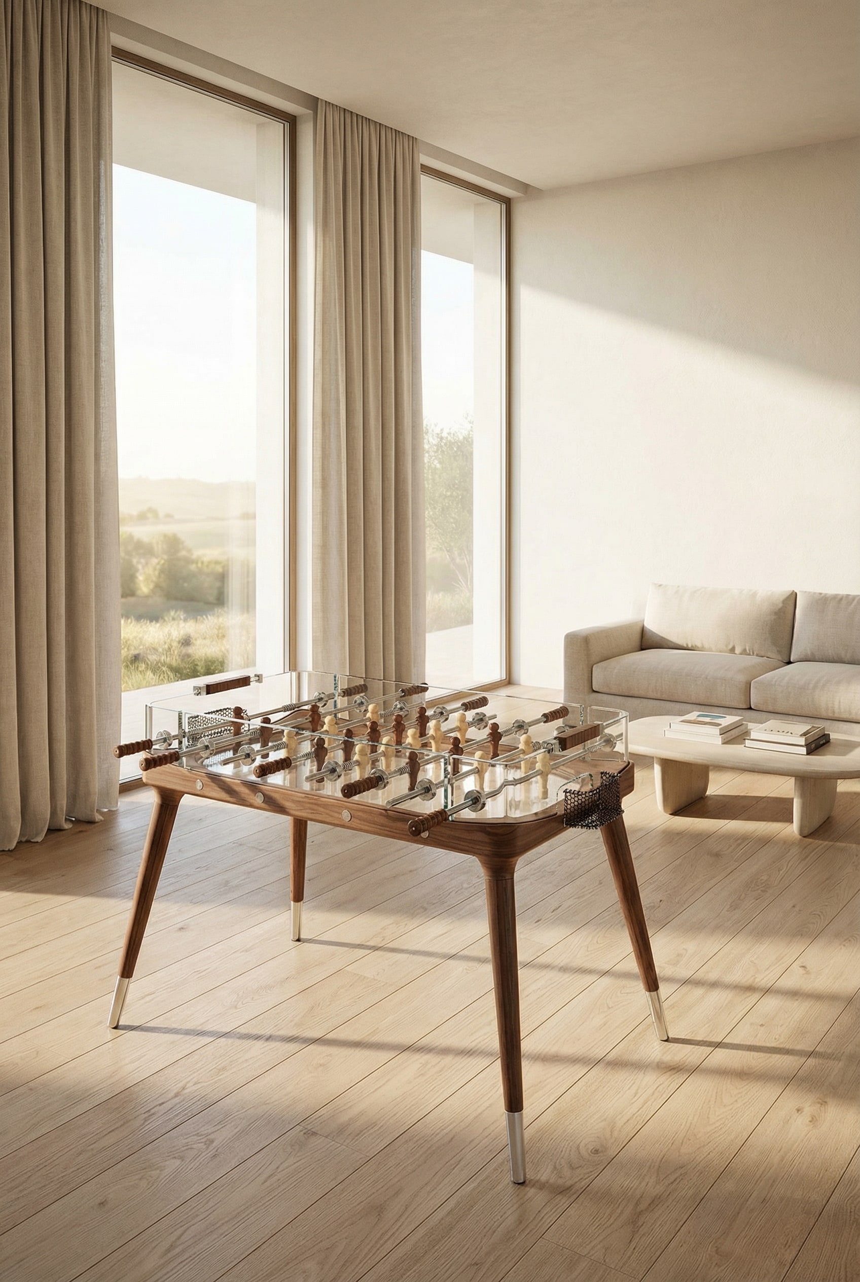 Een transparante design-kickertafel van kristalglas in een lichtdoorstroomde, moderne woonkamer met grote raampartijen.