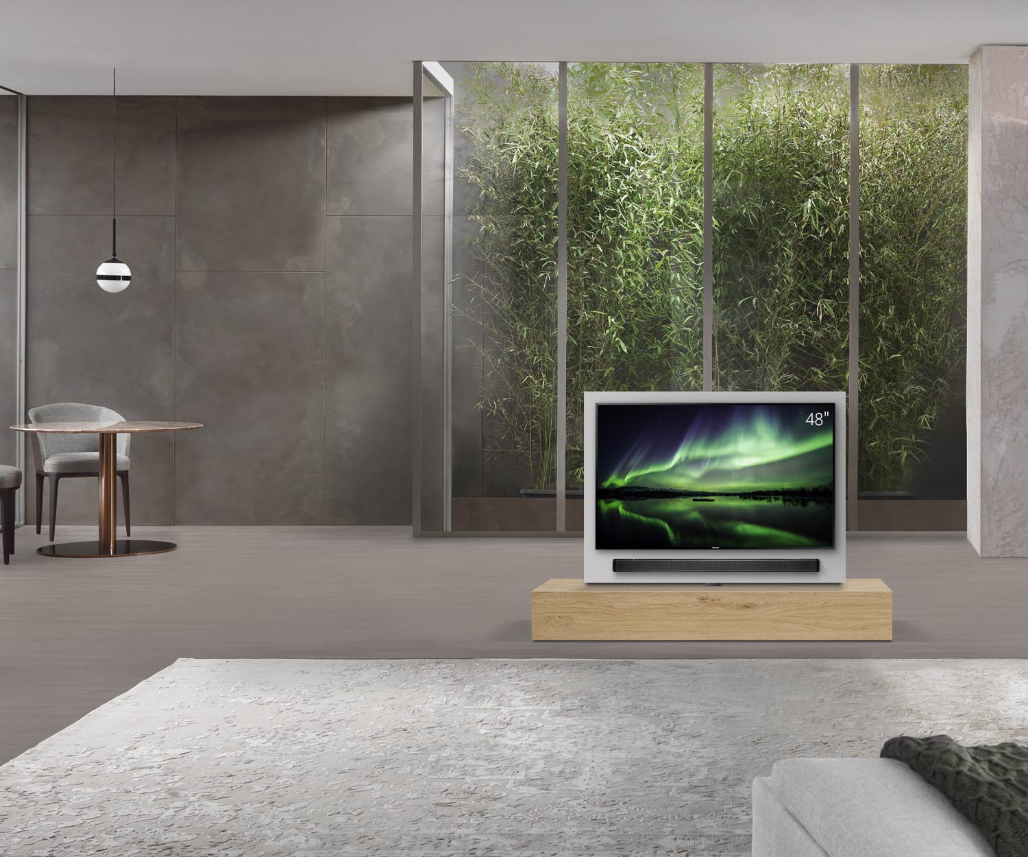Livitalia Roto design lowboard ruimteverdeler met draaibaar TV-paneel B150 50 H25 D56 EiHe zonder oBox Livitalia Roto design lowboard ruimteverdeler met draaibaar TV-paneel B150 50 H25 D56 EiHe zonder oBox