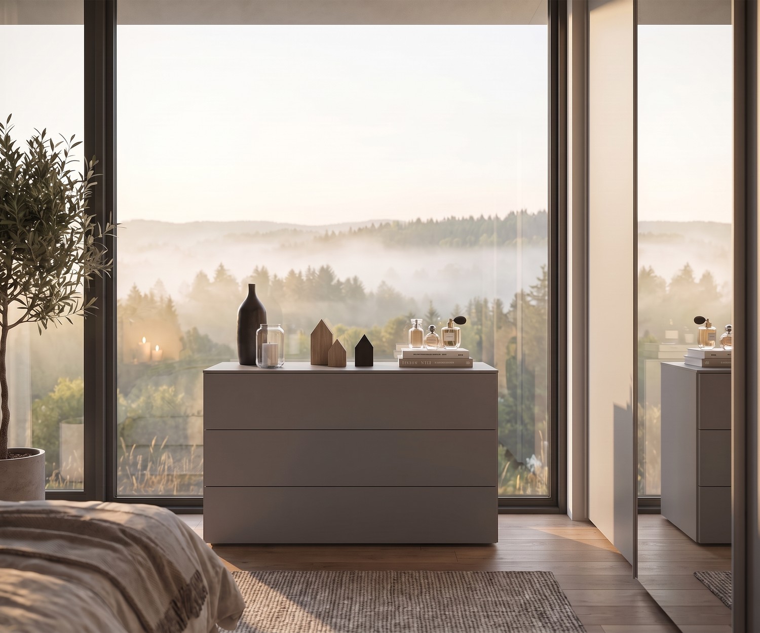 Livitalia Atena ladekast voor slaapkameropslag voor een groot panoramavenster in een moderne, minimalistische stijl.
