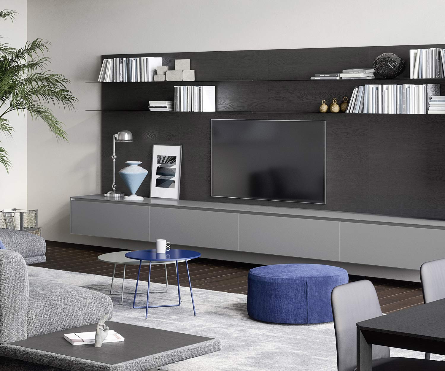 Groot design wandmeubel met lowboard en hangplanken gefineerd gelakt matte kleuren Groot design wandmeubel met lowboard en hangplanken gefineerd gelakt matte kleuren