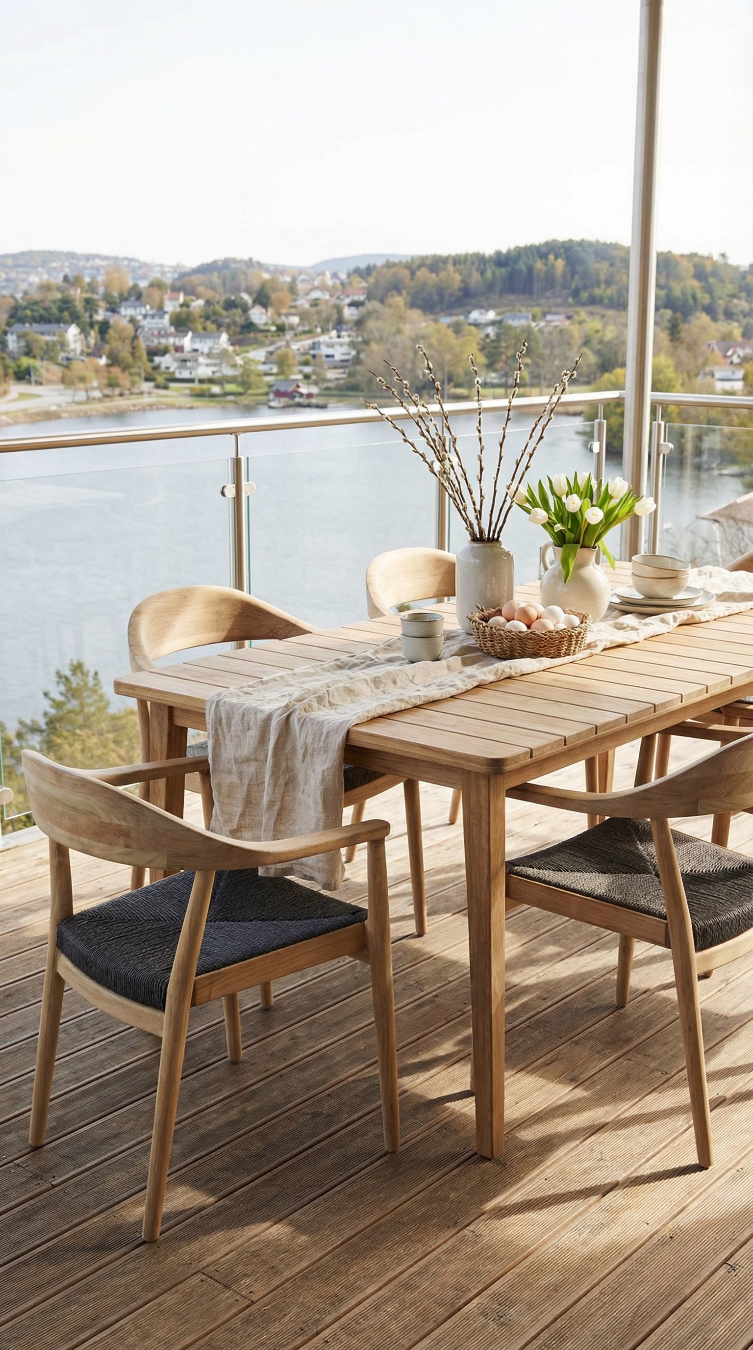Scandinavische tuintafel van massief hout op een terras
