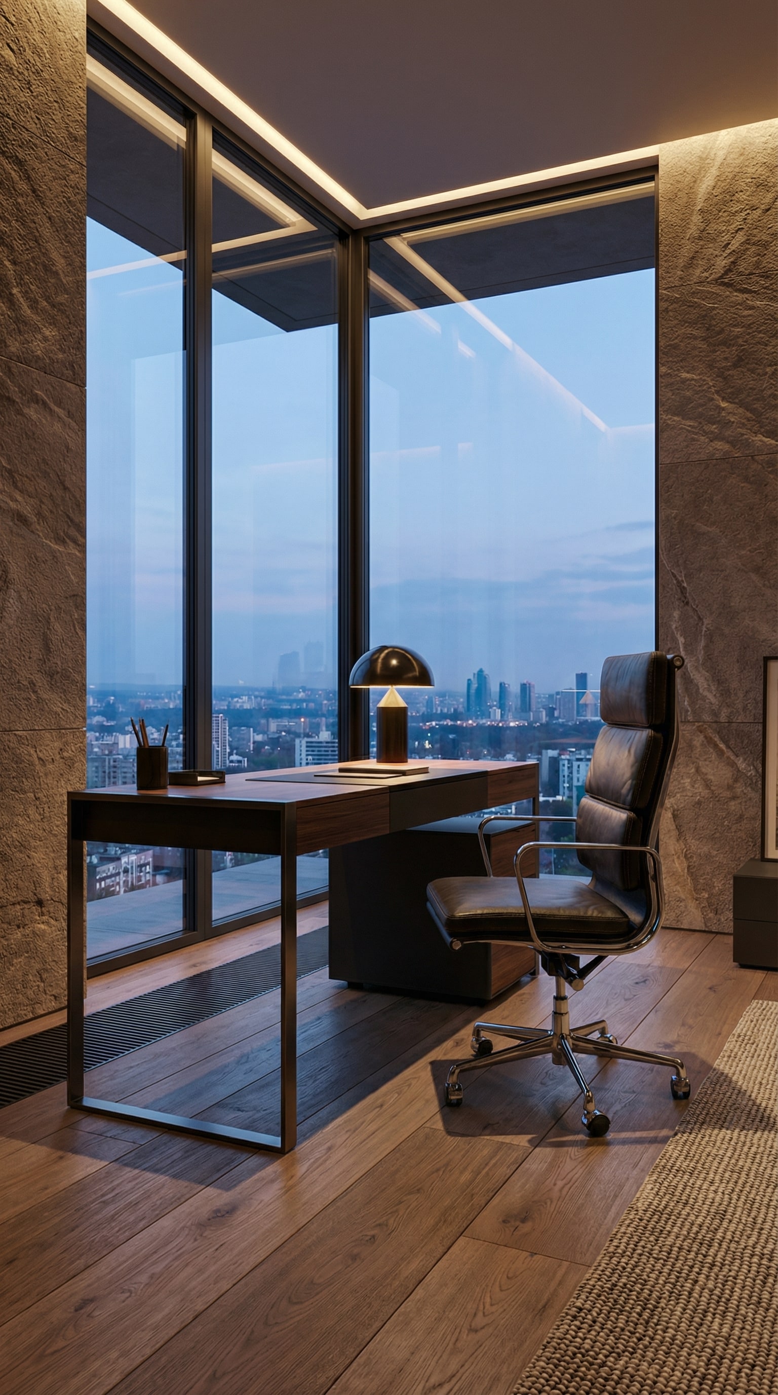 De ICF Una Chair Management Bureaustoel in hoogwaardig leer, elegant ge&euml;nsceneerd in een representatieve woon-werkruimte