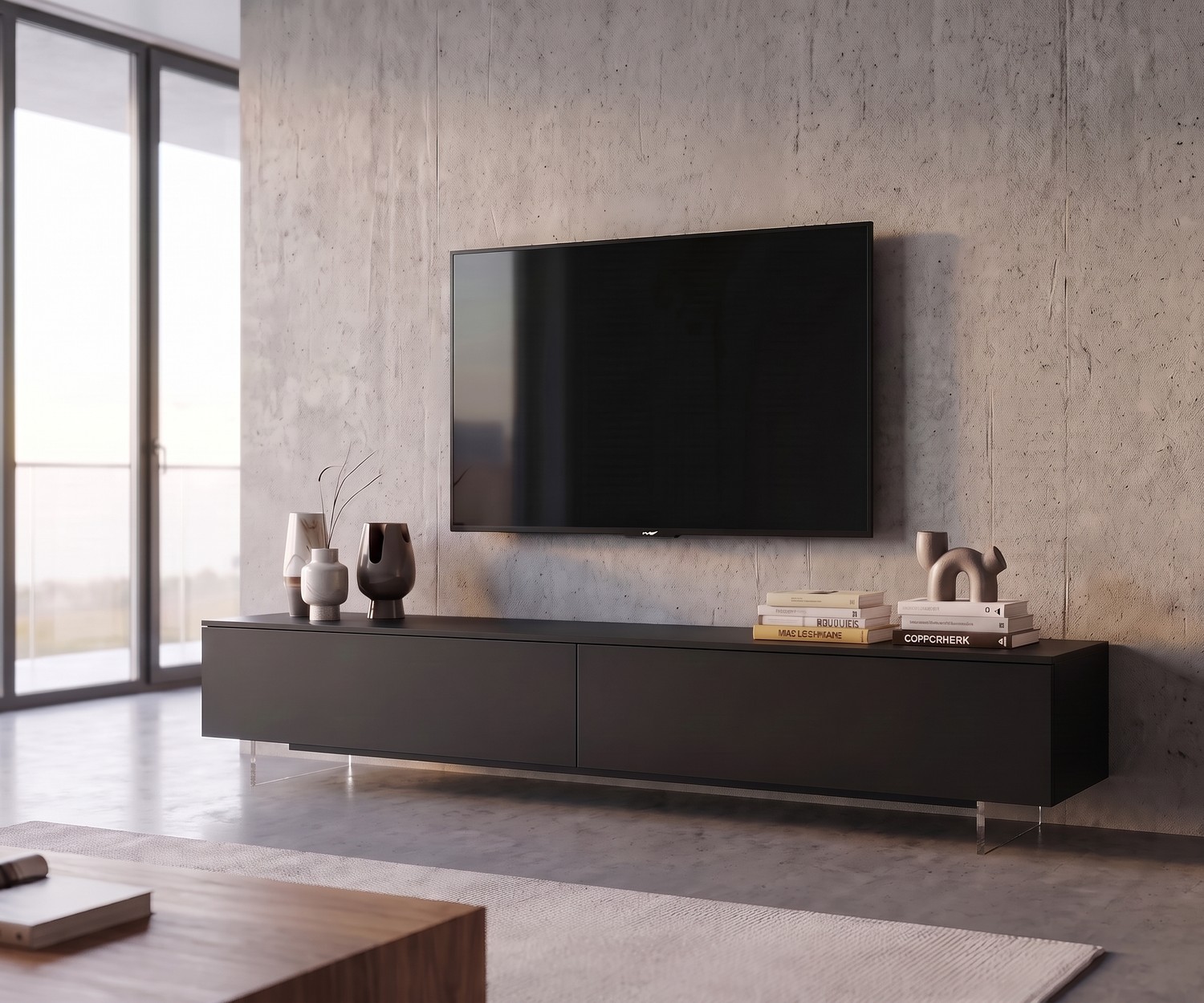 Livitalia transparante tv-plint voor zwevend dressoir in moderne woonkamer met betonnen muur en zwart tv-meubel.