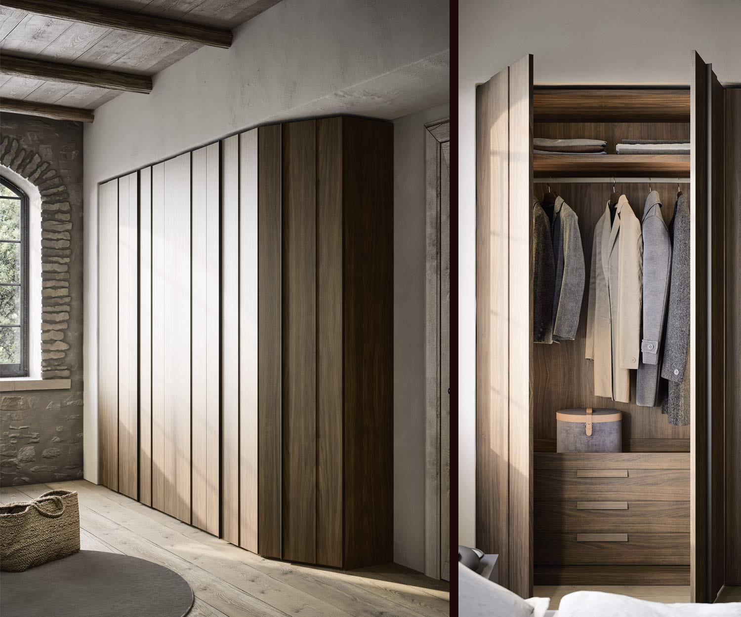 Houten garderobekast YNCA Novamobili met hoekmodule Houten garderobekast YNCA Novamobili met hoekmodule