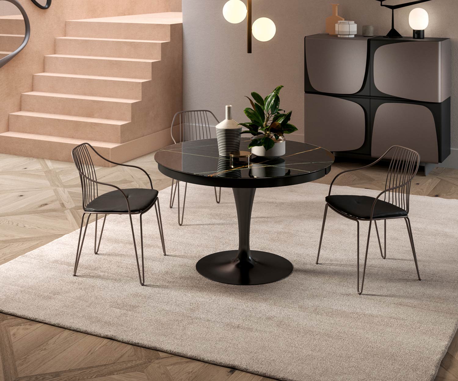 Ozzio Tafel Eclipse rond Marmer Glas Sahara Noir Zwart Frame Zwart Ozzio Tafel Eclipse rond Marmer Glas Sahara Noir Zwart Frame Zwart