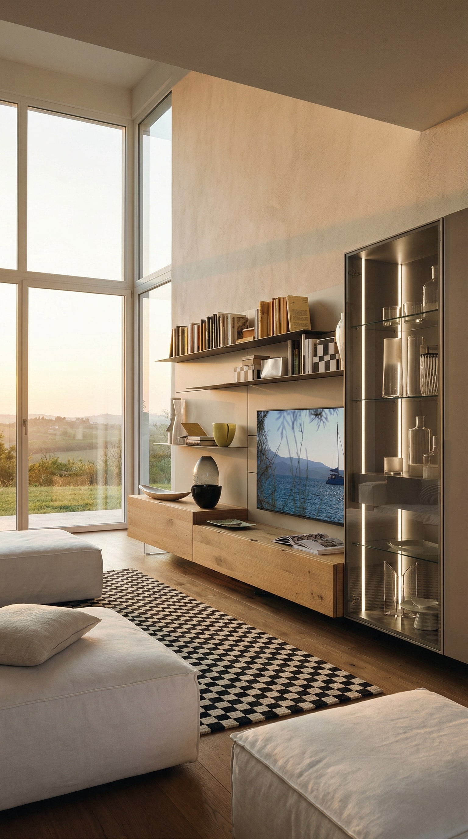 Verlichte rookglazen vitrine geïntegreerd in moderne woonwand Verlichte rookglazen vitrine geïntegreerd in moderne woonwand