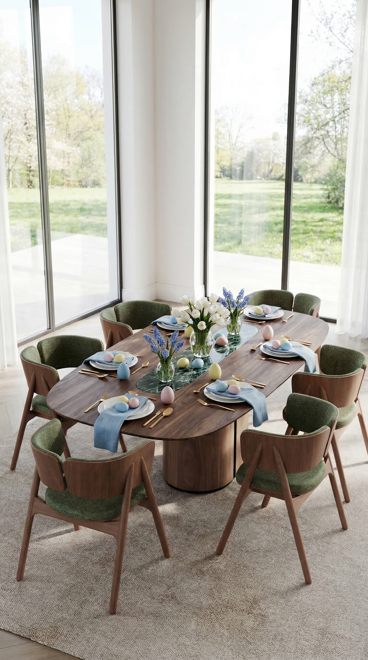 Een stijlvol gedekte eettafel van donker notenhout met paasdecoratie in zachte pastelkleuren, licht porselein en verse lentebloemen. Een stijlvol gedekte eettafel van donker notenhout met paasdecoratie in zachte pastelkleuren, licht porselein en verse lentebloemen.