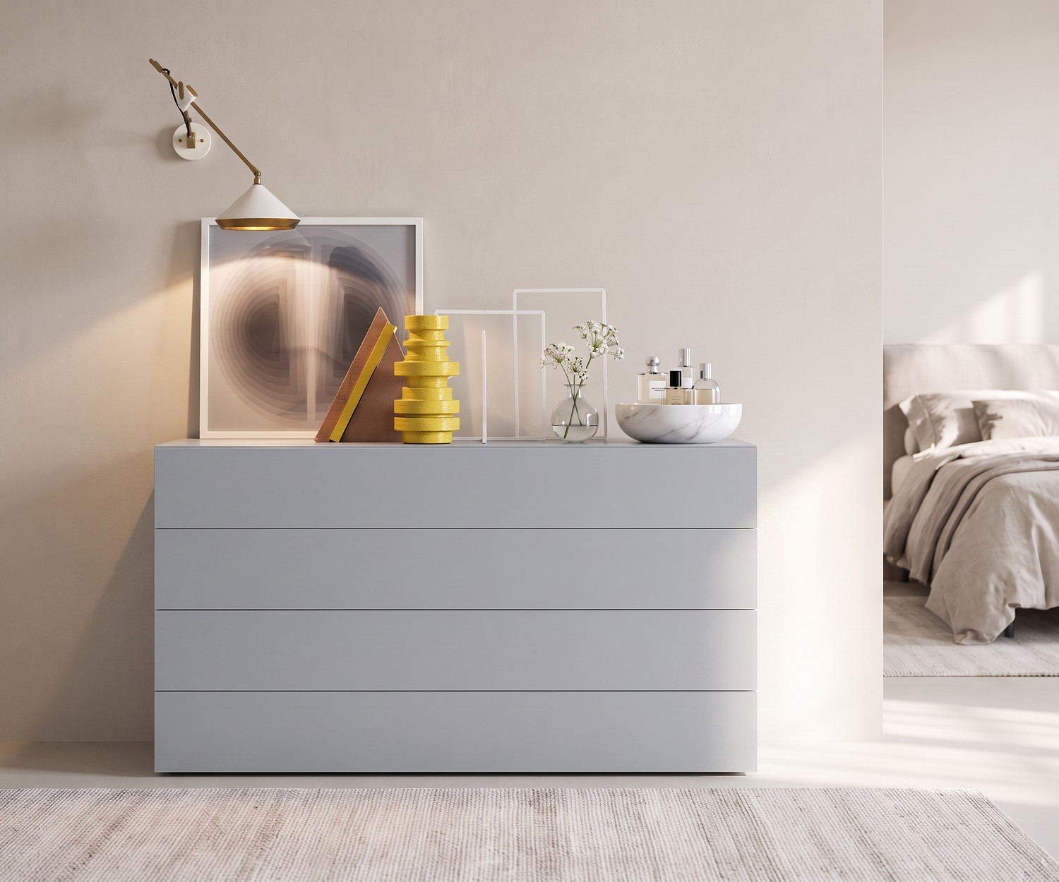 Novamobili Easy ladekast met 4 laden Novamobili Easy ladekast met 4 laden in de slaapkamer: greeploze lichtgrijze commode voor een minimalistische stijl.
