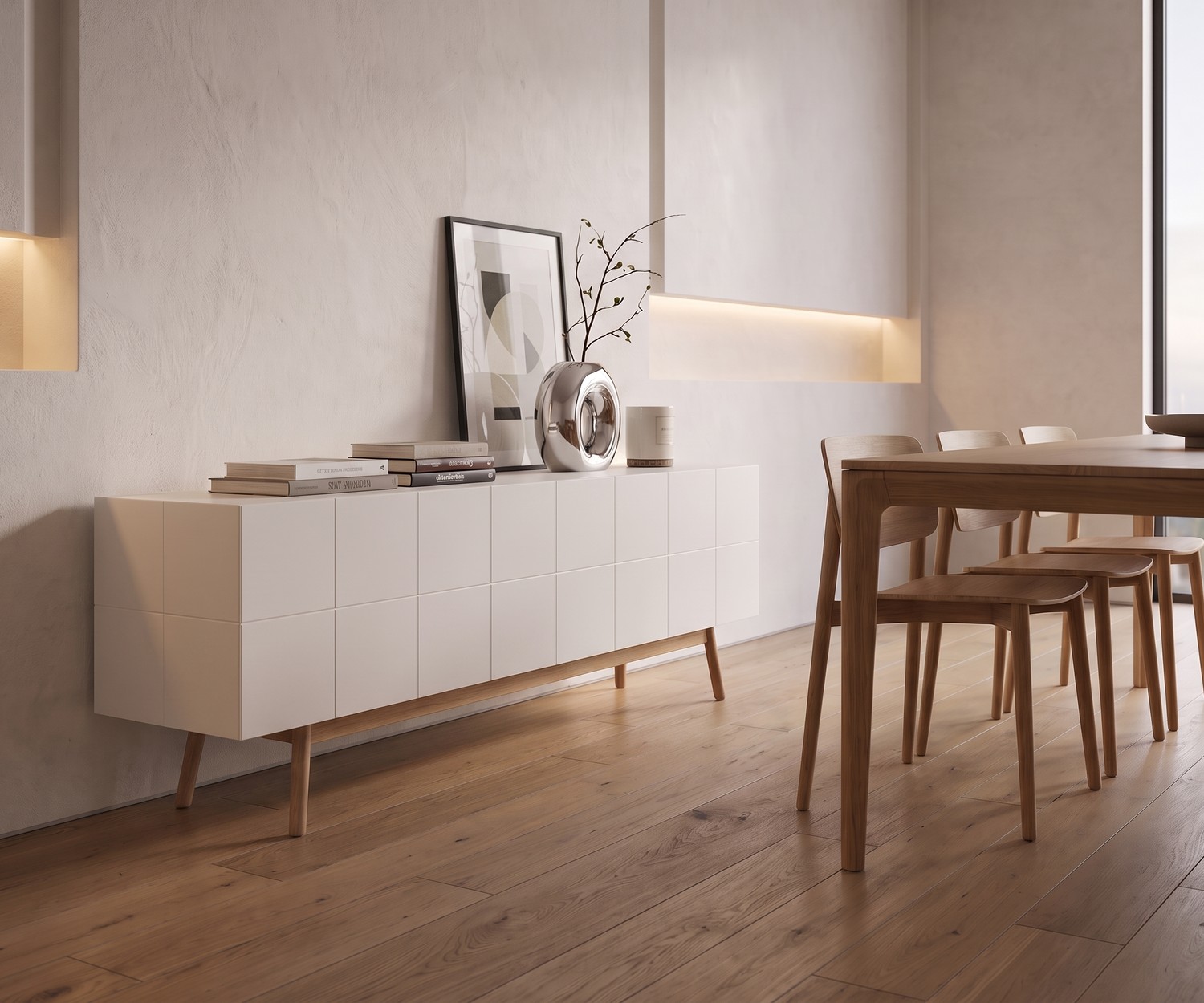 al2 Designer dressoir MOS-I-KO 003 B in wit al2 Dressoir MOS-I-KO 003 B voor de eetkamer, mat wit gelakt met houten poten in een moderne, minimalistische stijl.