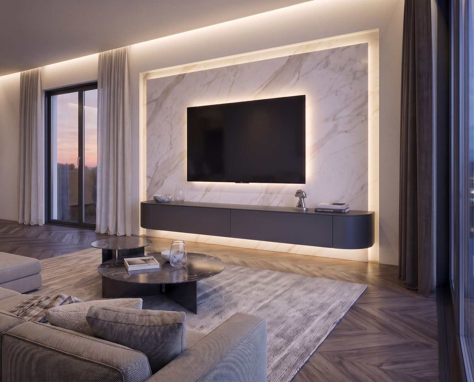Seitenansicht des hängenden Lowboards Tondora in Dunkelgrau matt, B 240 cm