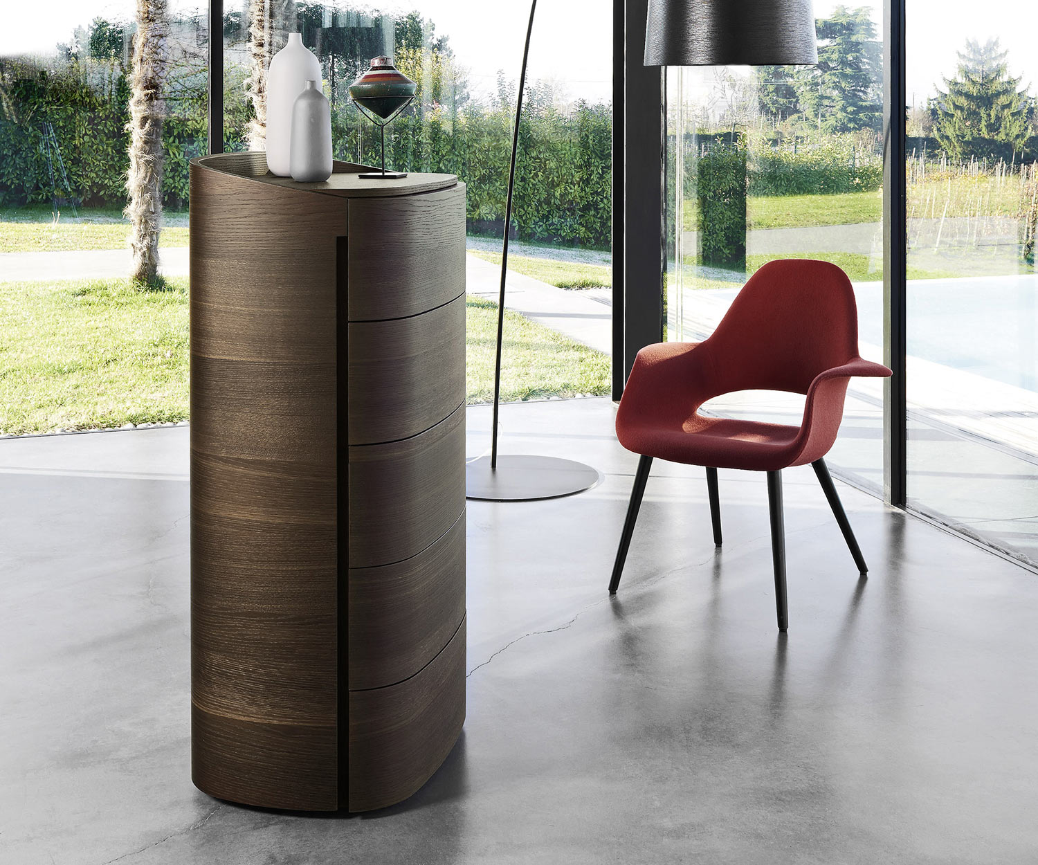 Exclusieve Livitalia Design hoge ladekast Rond in bruin eiken Exclusieve Livitalia Design hoge ladekast Rond in bruin eiken
