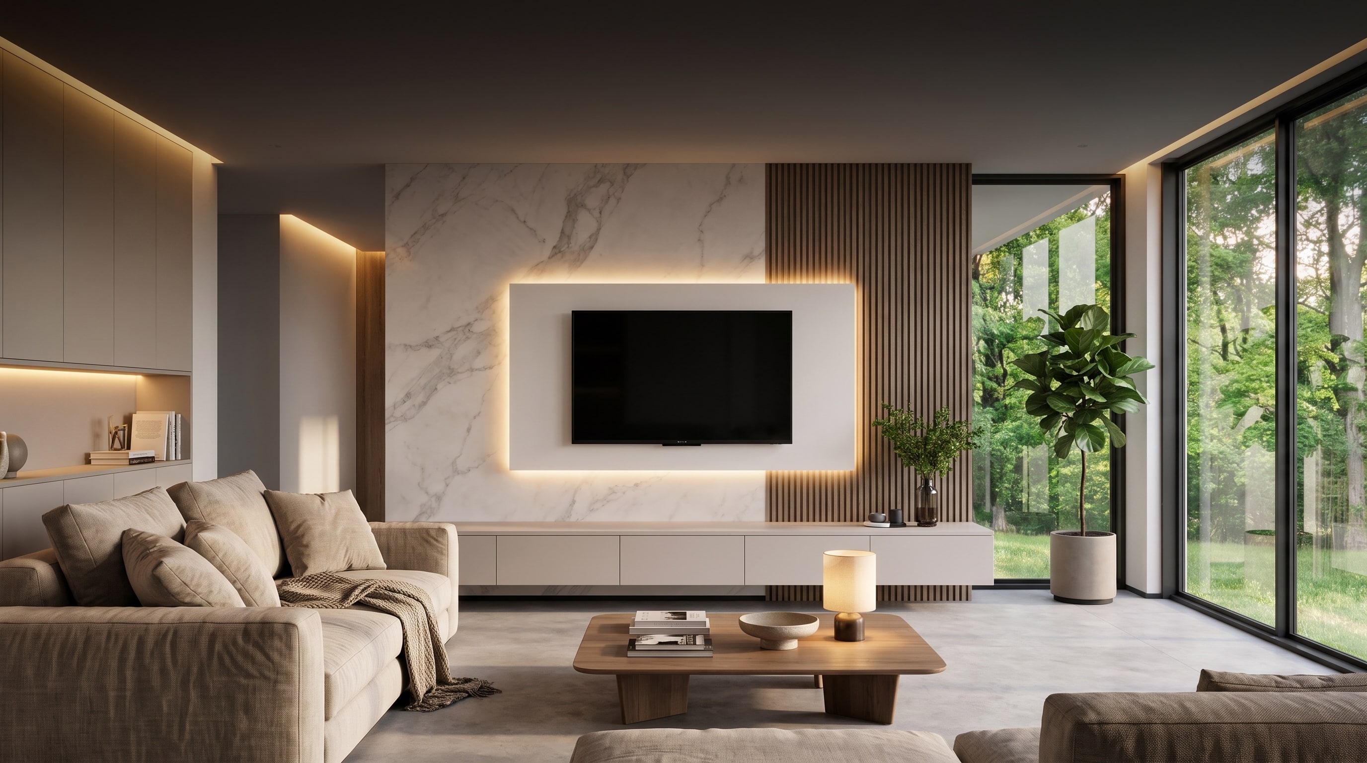 12 ideeën voor akoestische panelen in de woonkamer: de tv-wand met houten lamellen