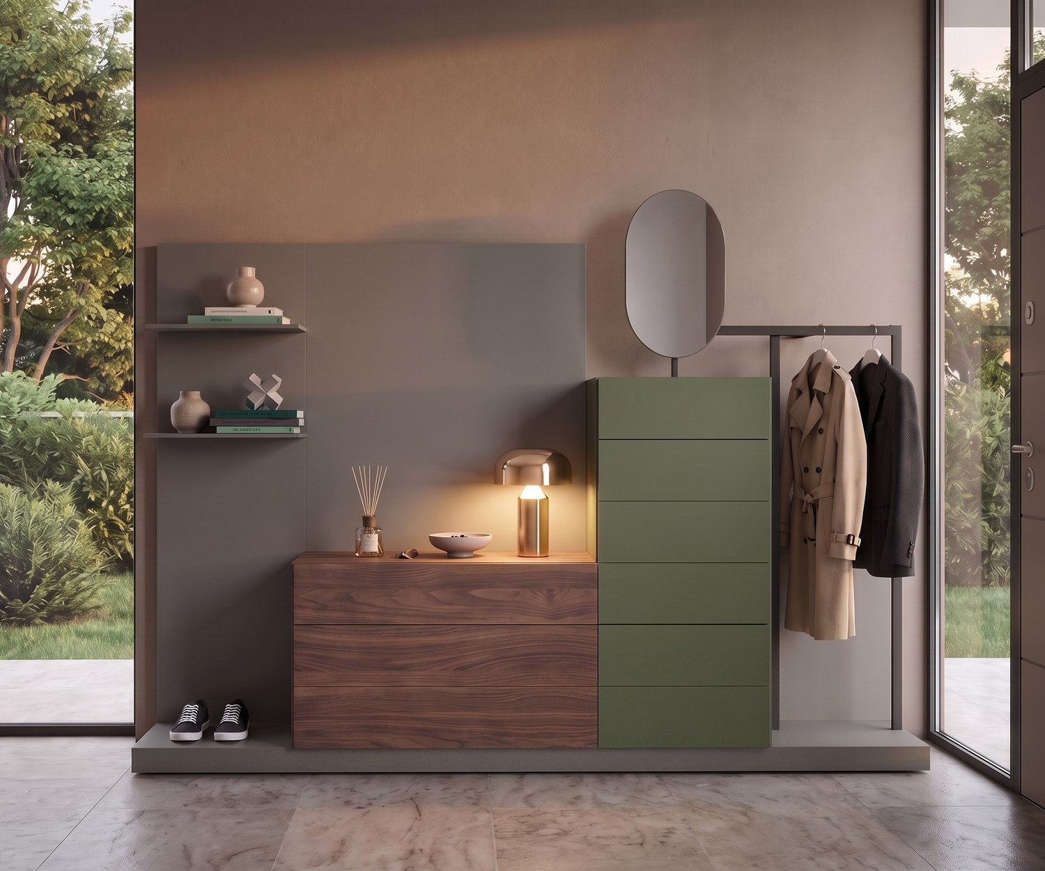 Novamobili Easy 9 halgarderobe met ladekast Halgarderobe Novamobili Easy 9 modulaire ladekast met kledingroede en spiegel in groen en walnoothout, modern design.