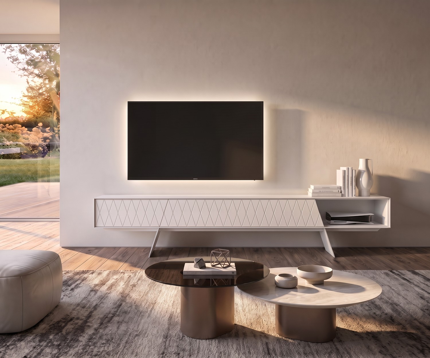 TV-lowboard al2 e-klipse 008 voor de woonkamer, wit design dressoir met ruitpatroon en open vak.