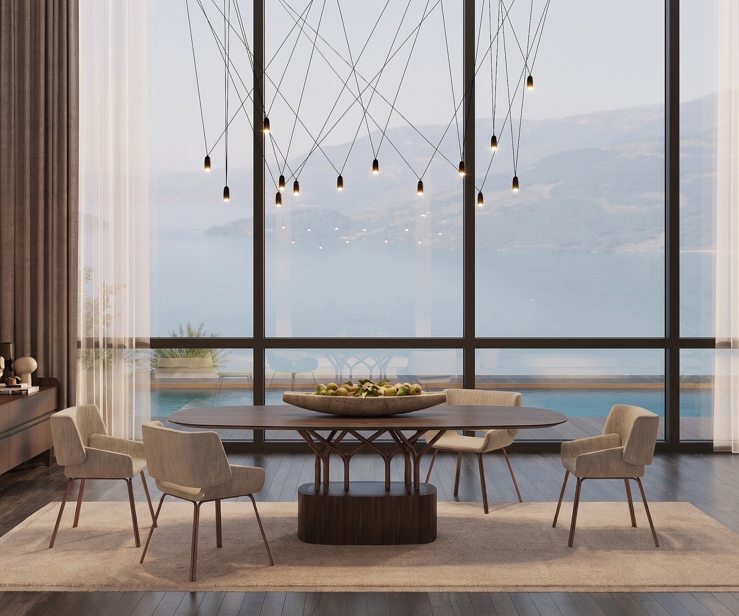al2 wood-oo 001 a ovale design eettafel Ovale al2 wood-oo 001 a eettafel in een moderne eetkamer, donker houtfineer met vertakte poten en beige gestoffeerde stoelen.