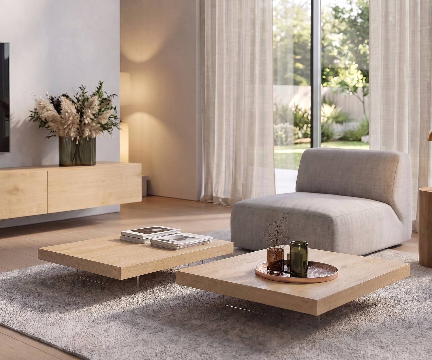 Livitalia Low eiken salontafel Livitalia Couchtisch Low salontafel van licht eikenhout in een modern minimalistisch woonkamer interieur.