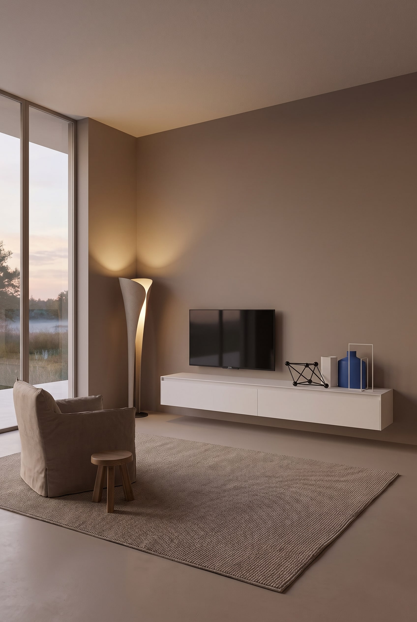 Ton-in-Ton Wohnzimmer mit einem grifflosen, matt lackierten Lowboard in Taupe, das sich nahtlos in die Wandfarbe einfügt