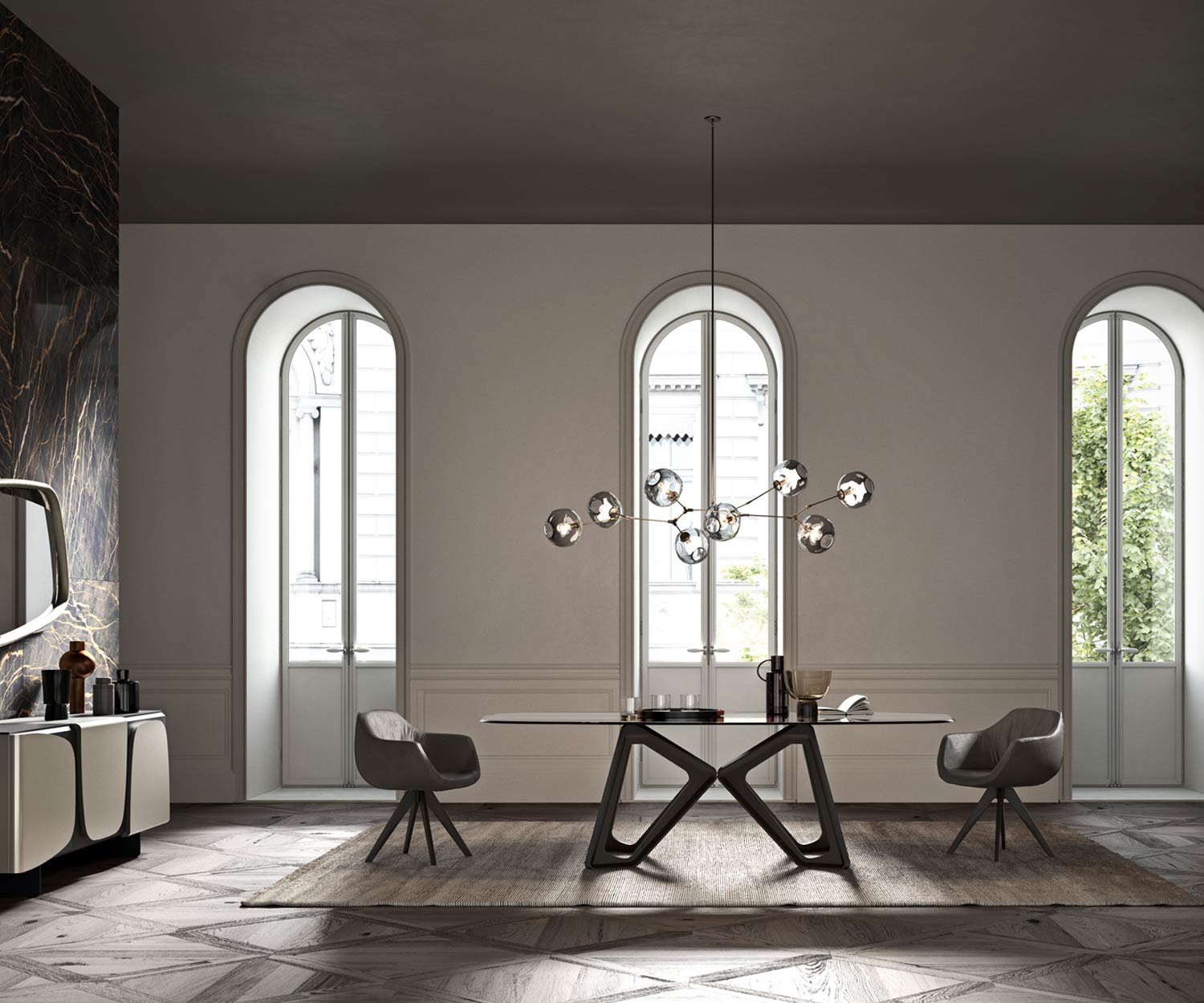 Designtafel van Ozzio Papillon in de woonkamer met transparant glazen blad en eiken onderstel