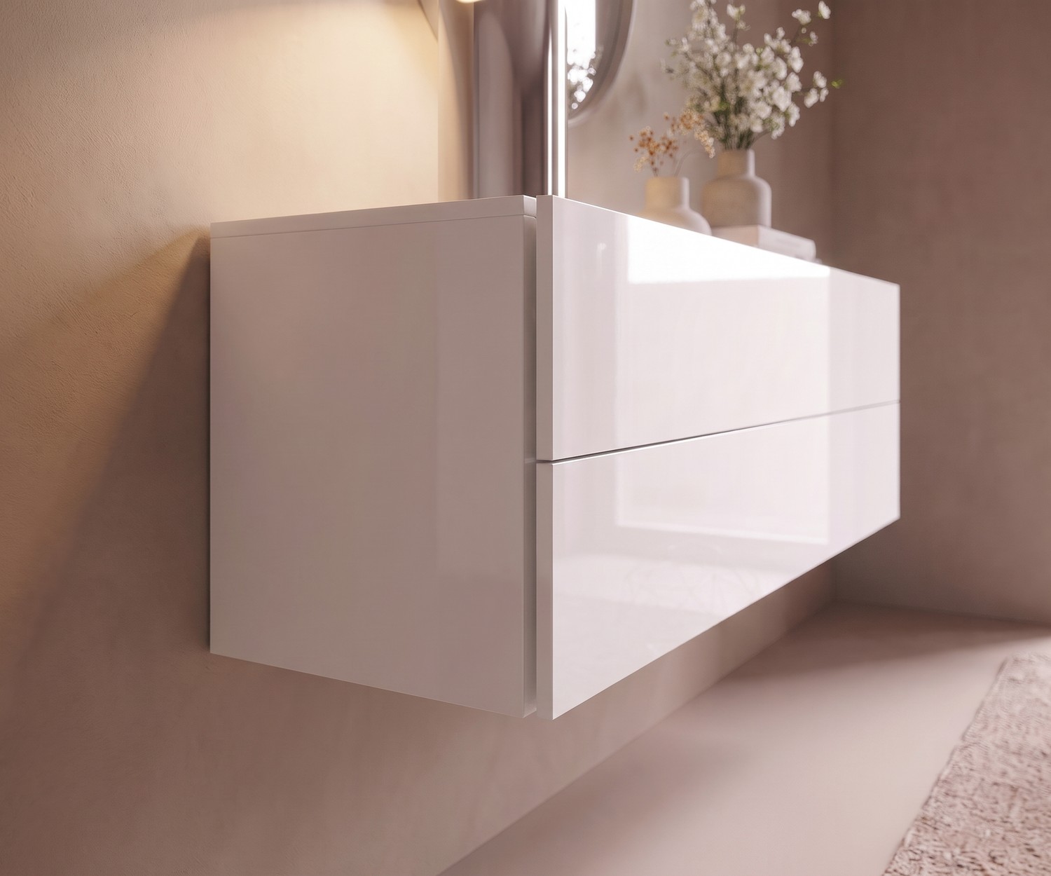 Novamobili Easy hangcommode wit hoogglans Novamobili Easy hangcommode in de slaapkamer. Moderne zwevende ladekast in wit hoogglans voor een minimalistische stijl.