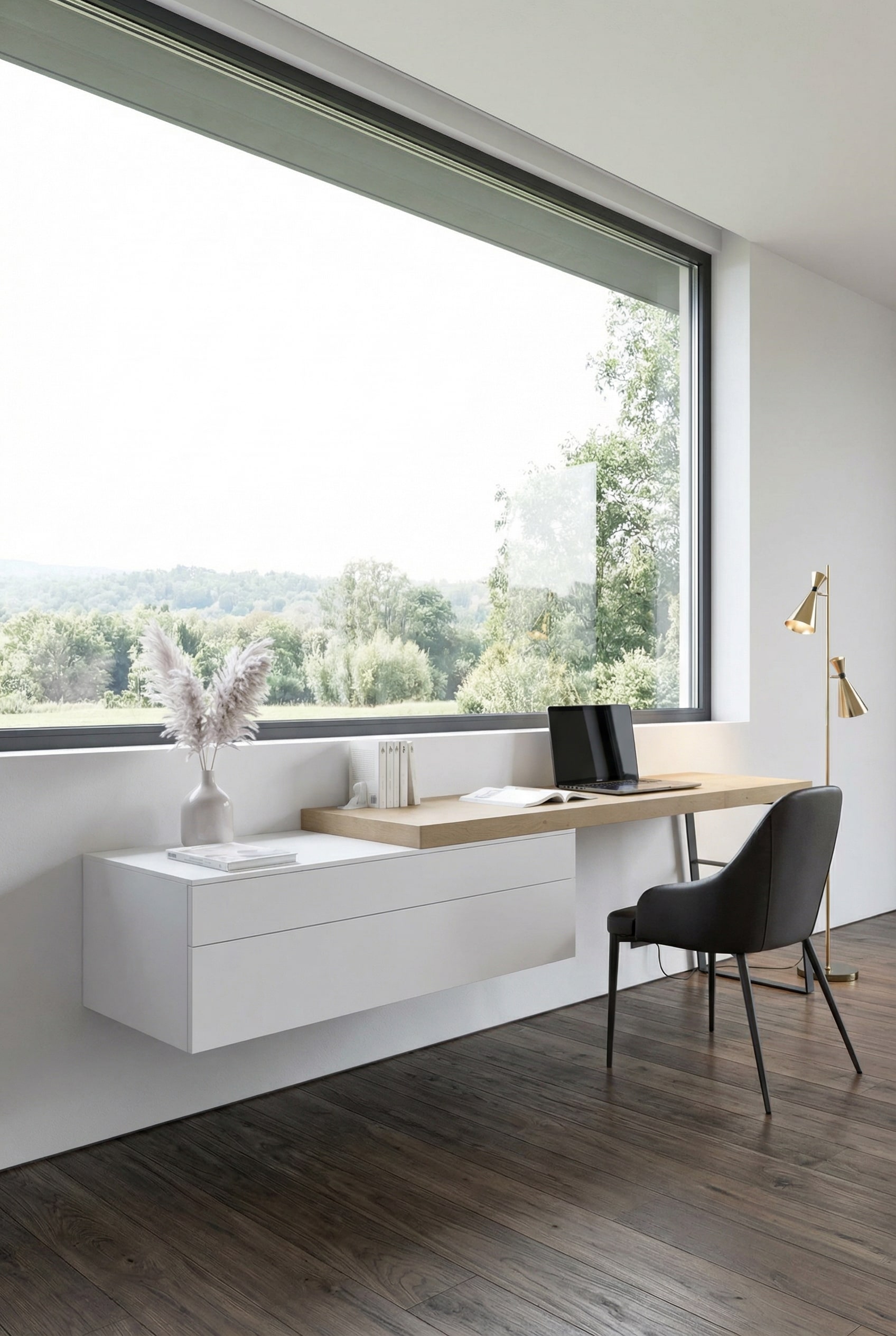 Zwevend Livitalia Ecletto wanddressoir in een architectonisch moderne slaapkamer. Zwevend Livitalia Ecletto wanddressoir in een architectonisch moderne slaapkamer.