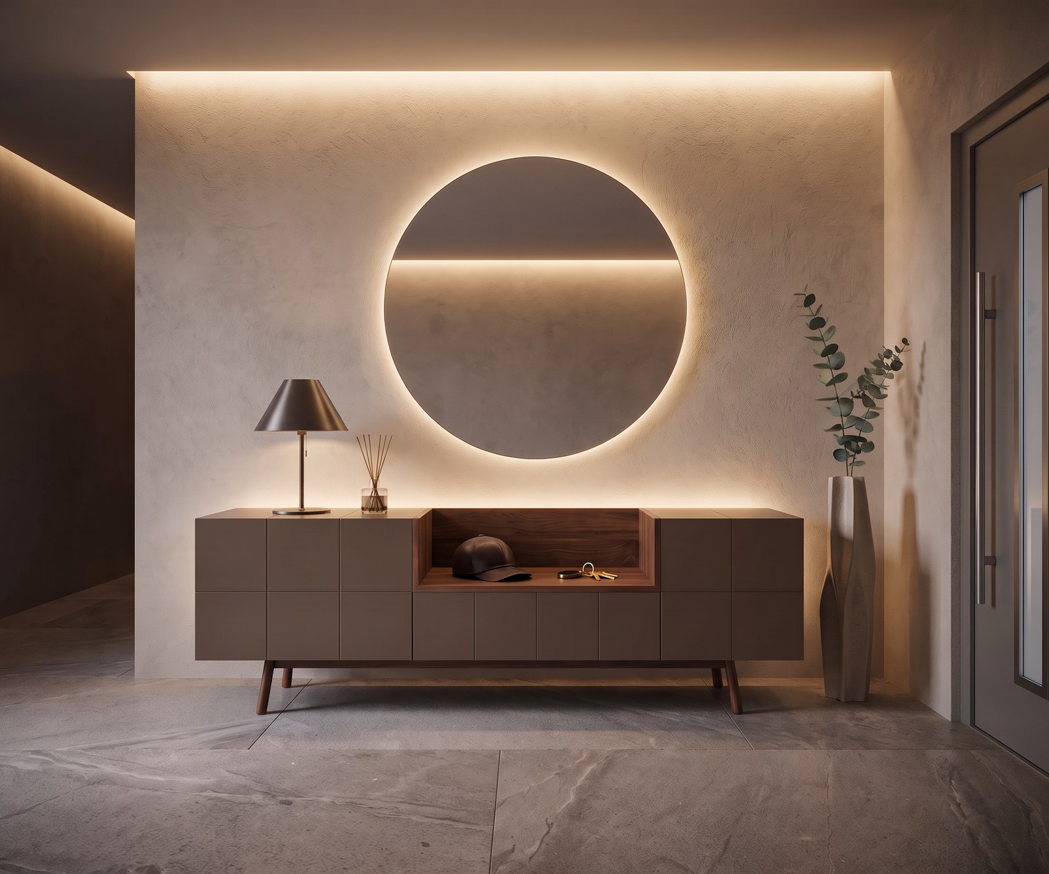 al2 dressoir MOS-I-KO 003 A in moderne hal, matbruine designkast met open houten nis en verlichte ronde spiegel