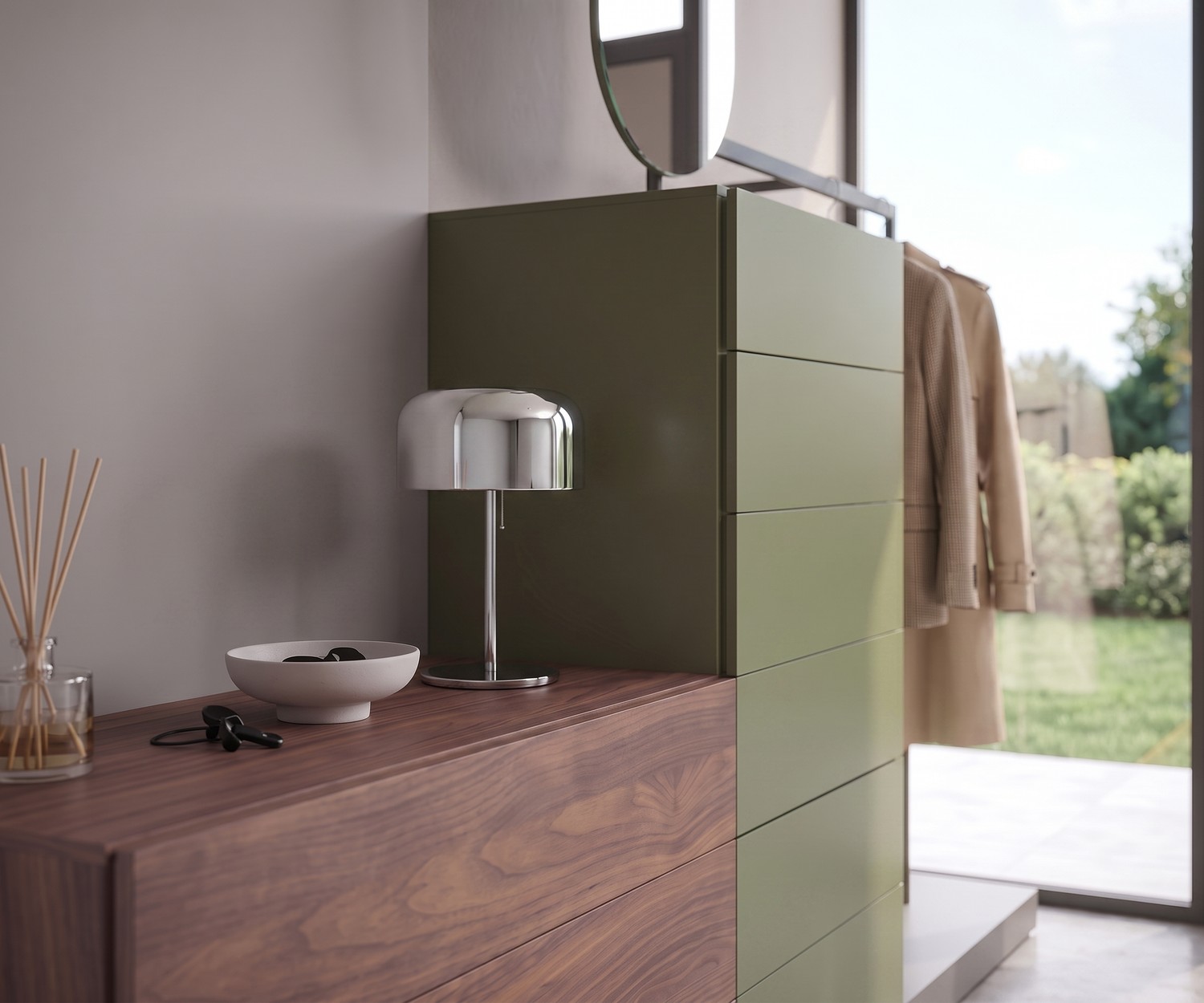 Novamobili ladekast Easy 9 met garderobe in de hal van notenbaut en saliegroen, modern modulair Italiaans design.