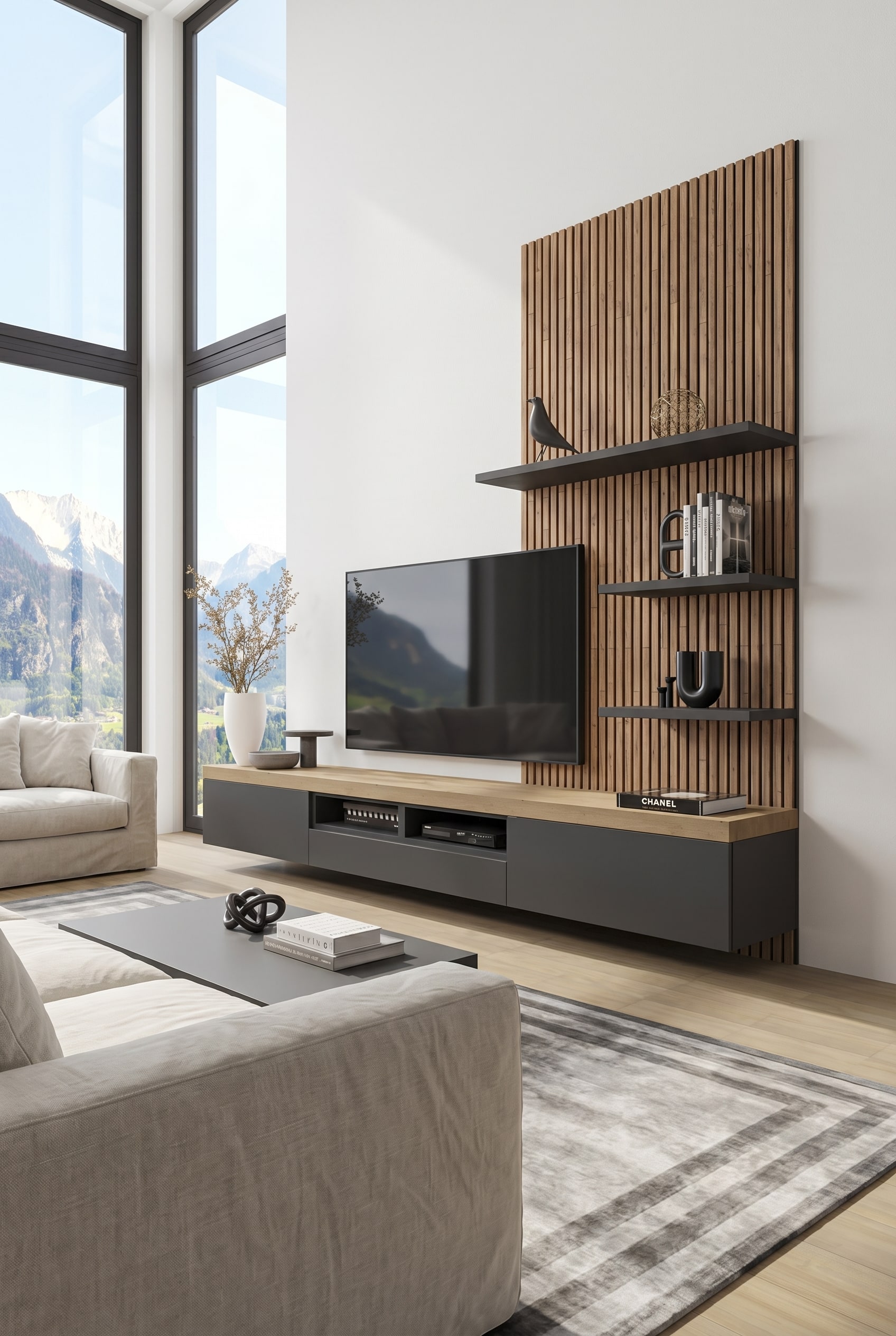 Livitalia Lowboard C101, das mattes Weiß mit einem eleganten Holz-Finish kombiniert Livitalia Lowboard C101, das mattes Weiß mit einem eleganten Holz-Finish kombiniert