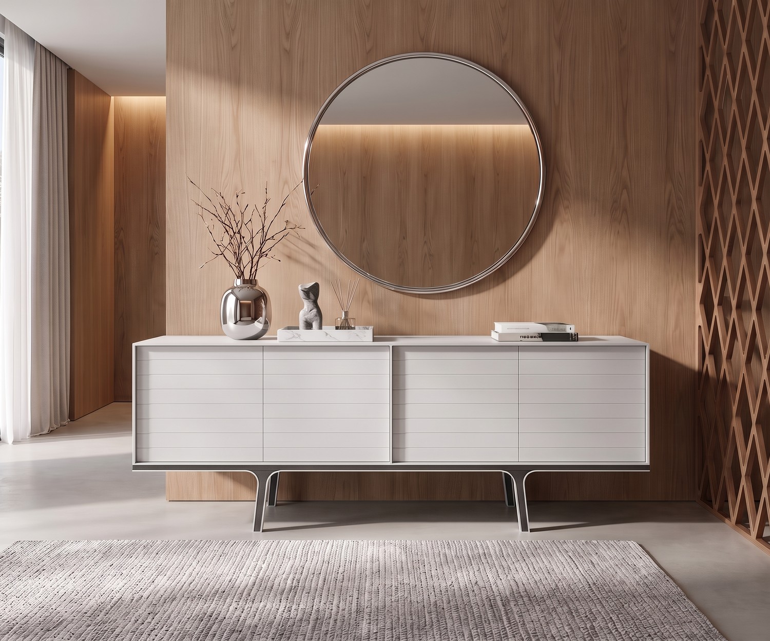 Mobius 002 design dressoir van al2 in de woonkamer. Modern mat wit dressoir voor een houten wand met een ronde spiegel.