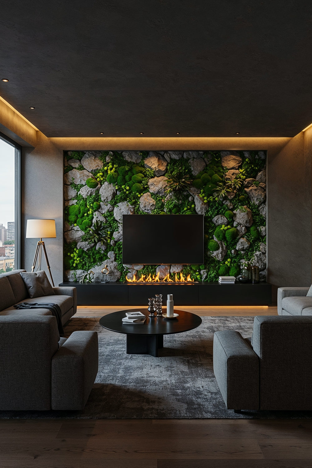 moderne-woonkamer-in-grijs-en-zwart-met-grote-hoekbanken-voor-een-steen-en-planten-tv-wand
