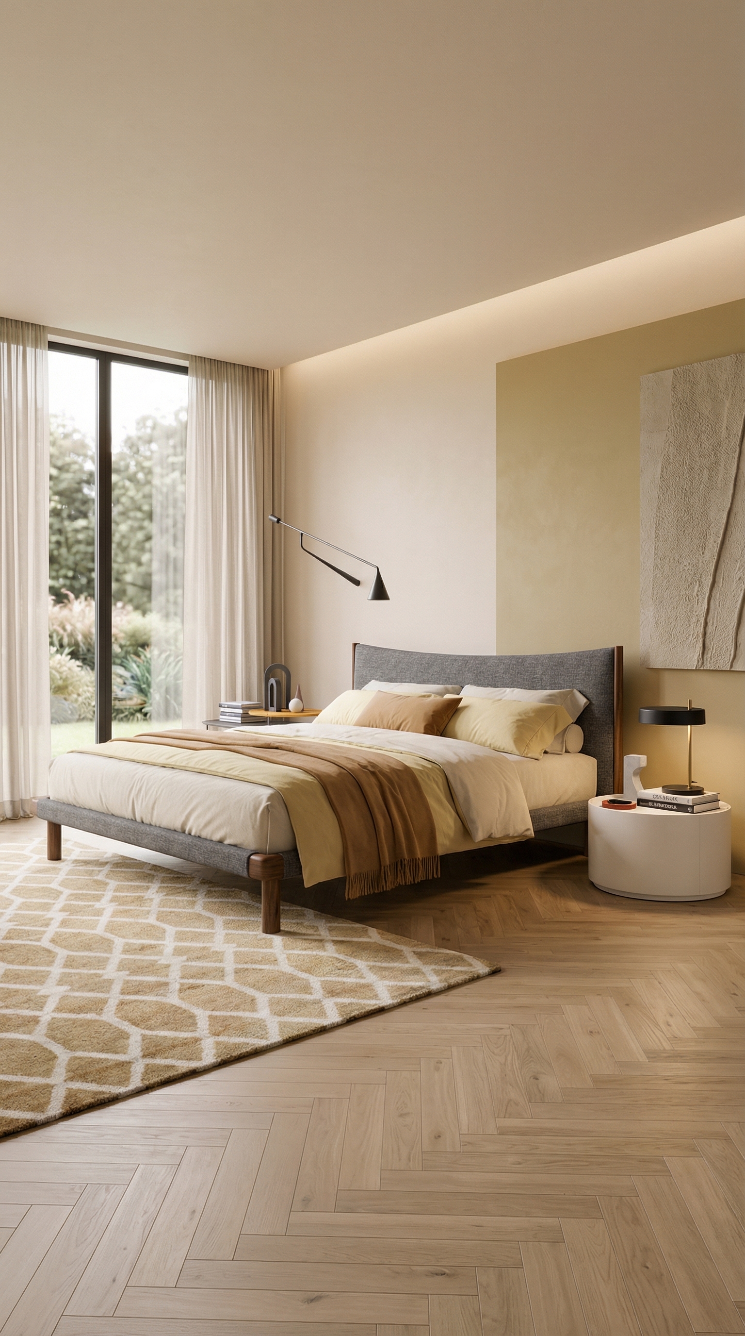 Gezellige slaapkamer met Novamobili Bed Mizu en rond Nachtkastje Allout Gezellige slaapkamer met Novamobili Bed Mizu en rond Nachtkastje Allout