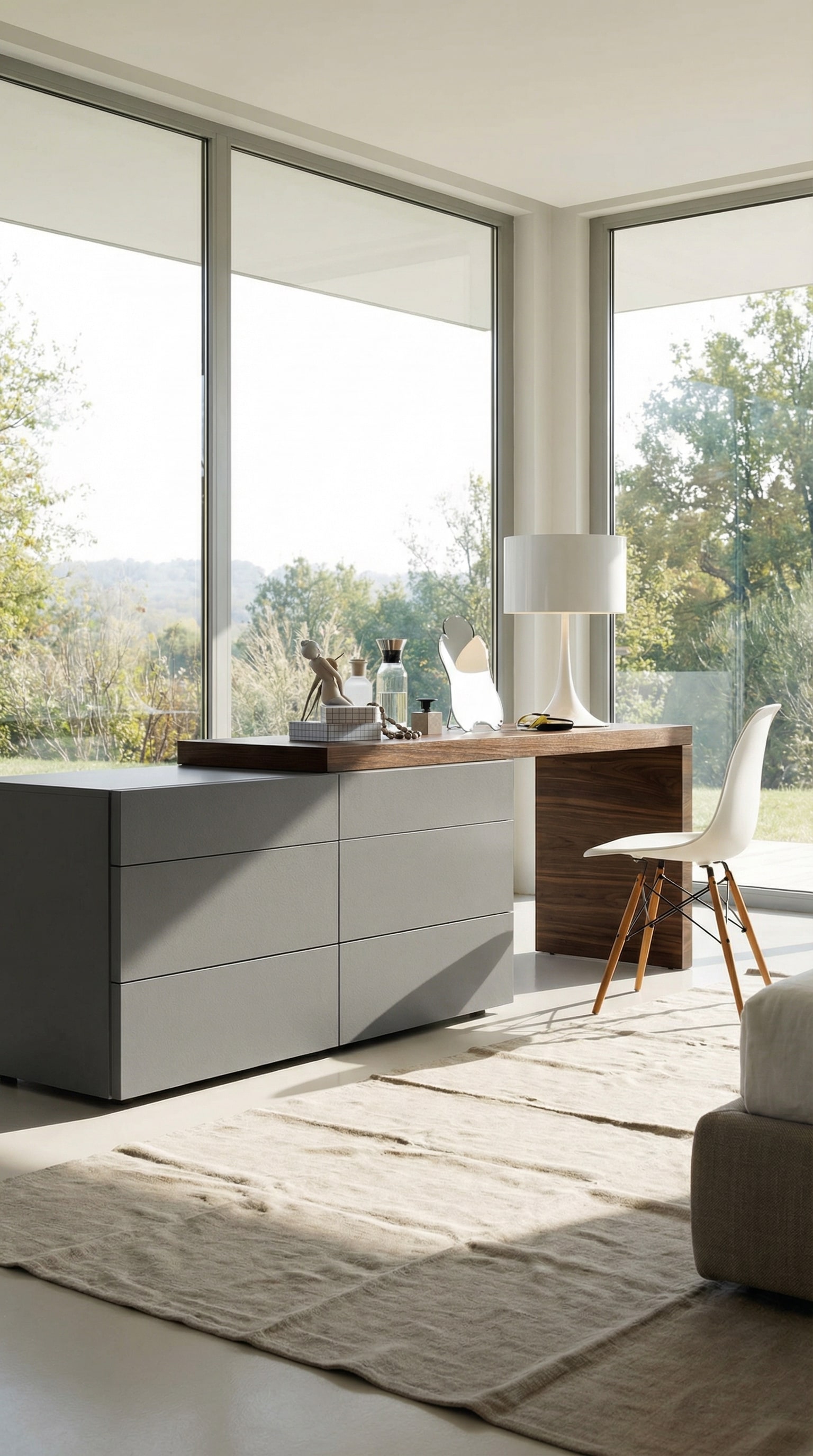 Hybride commode met ge&iuml;ntegreerd bureau in de moderne slaapkamer of thuiskantoor.