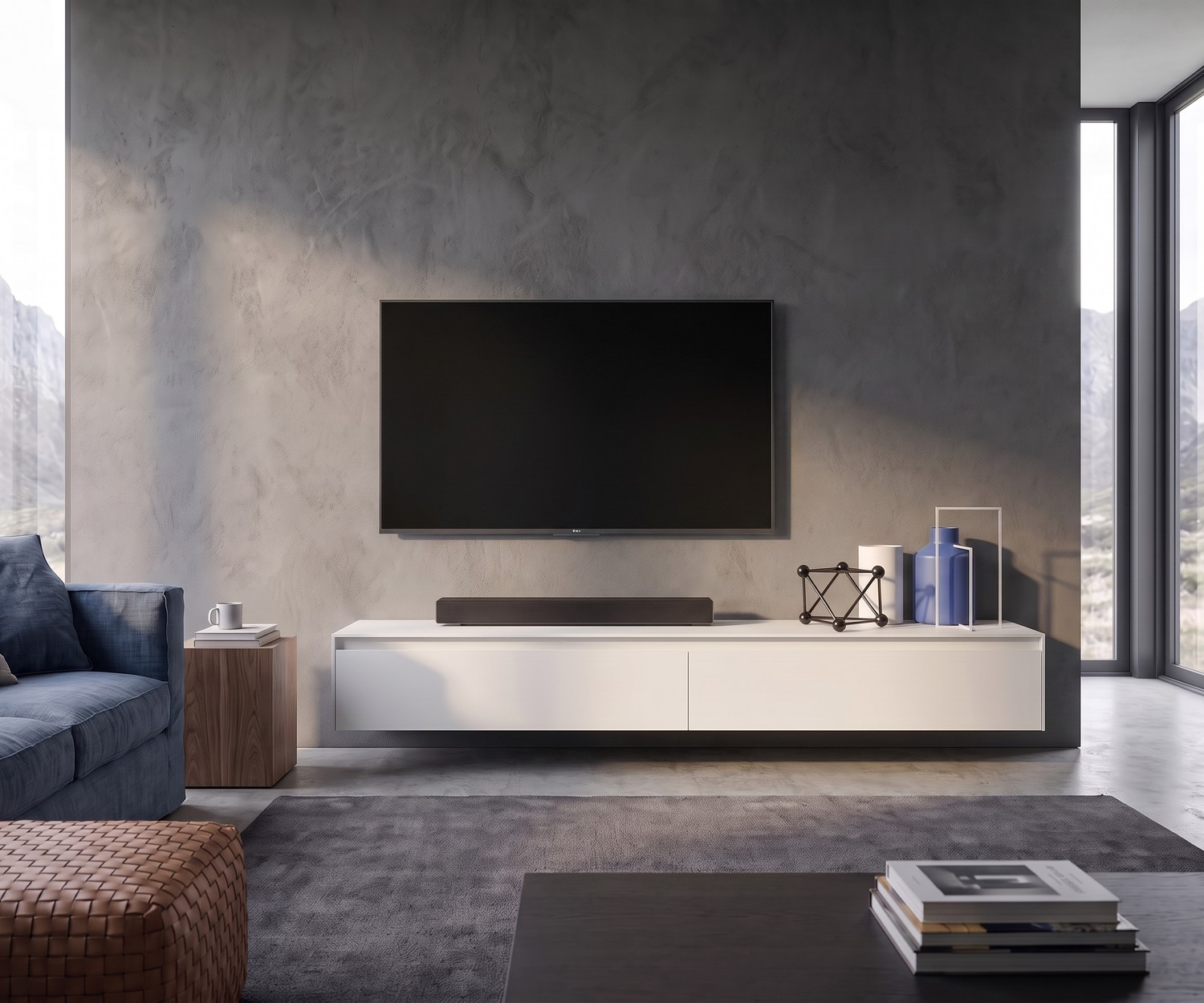 Zwevend TV-lowboard Novamobili Reverse in wit Zwevend TV-lowboard Novamobili Reverse in een moderne woonkamer met een stoere betonlook wand.