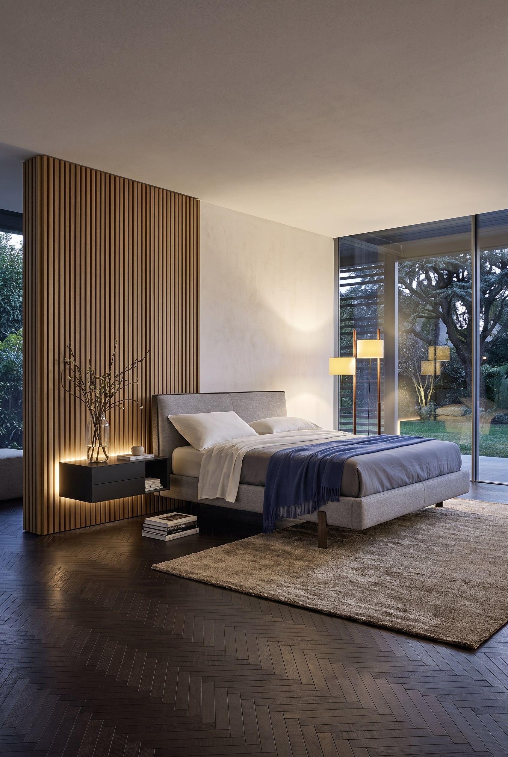 Modernes Schlafzimmer mit asymmetrischen Akustikpaneelen