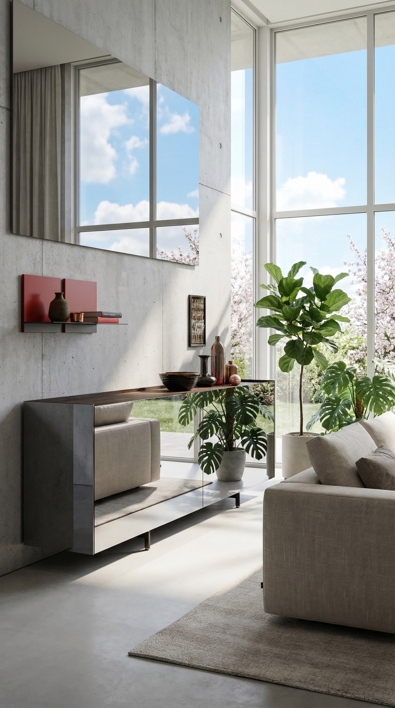Woonkamer met een gespiegeld sideboard dat het heldere daglicht en de natuur reflecteert. Woonkamer met een gespiegeld sideboard dat het heldere daglicht en de natuur reflecteert.
