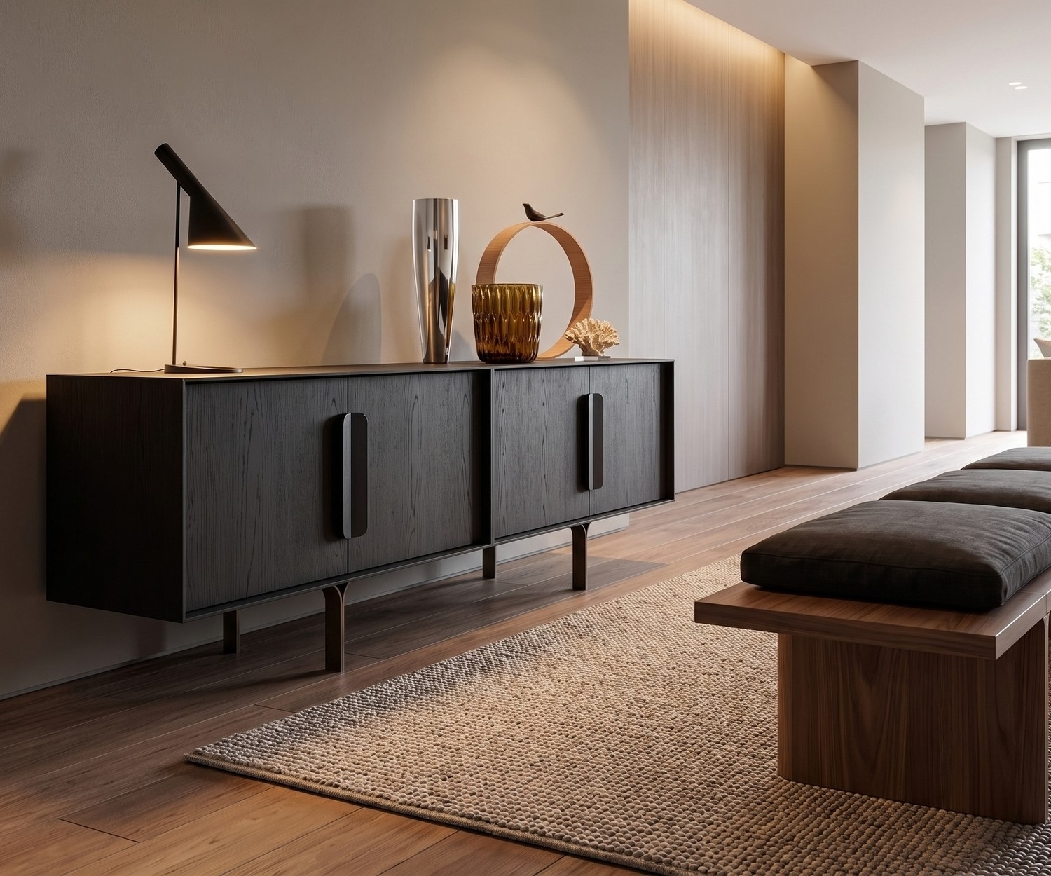 al2 Mobius 003 design dressoir van zwart eiken al2 Mobius 003 design dressoir in zwart eiken in een minimalistische hal met een tafellamp en houten bank.