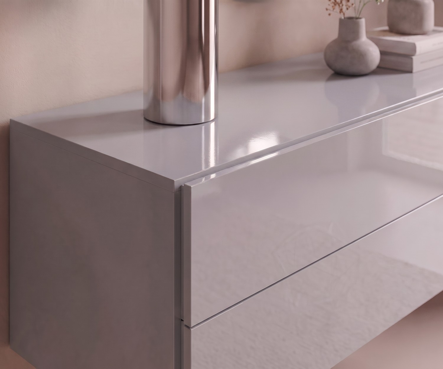 Novamobili hangende ladekast Easy lichtgrijs Hangende ladekast Easy voor de woonkamer in lichtgrijs hoogglans, modern zwevend Novamobili dressoir met veel opbergruimte.