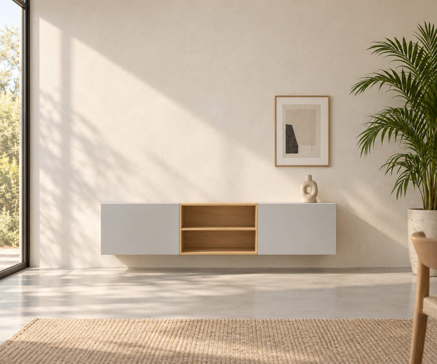 Livitalia Box 18 Wanddressoir 180 cm – Mat lichtgrijs + Licht eiken