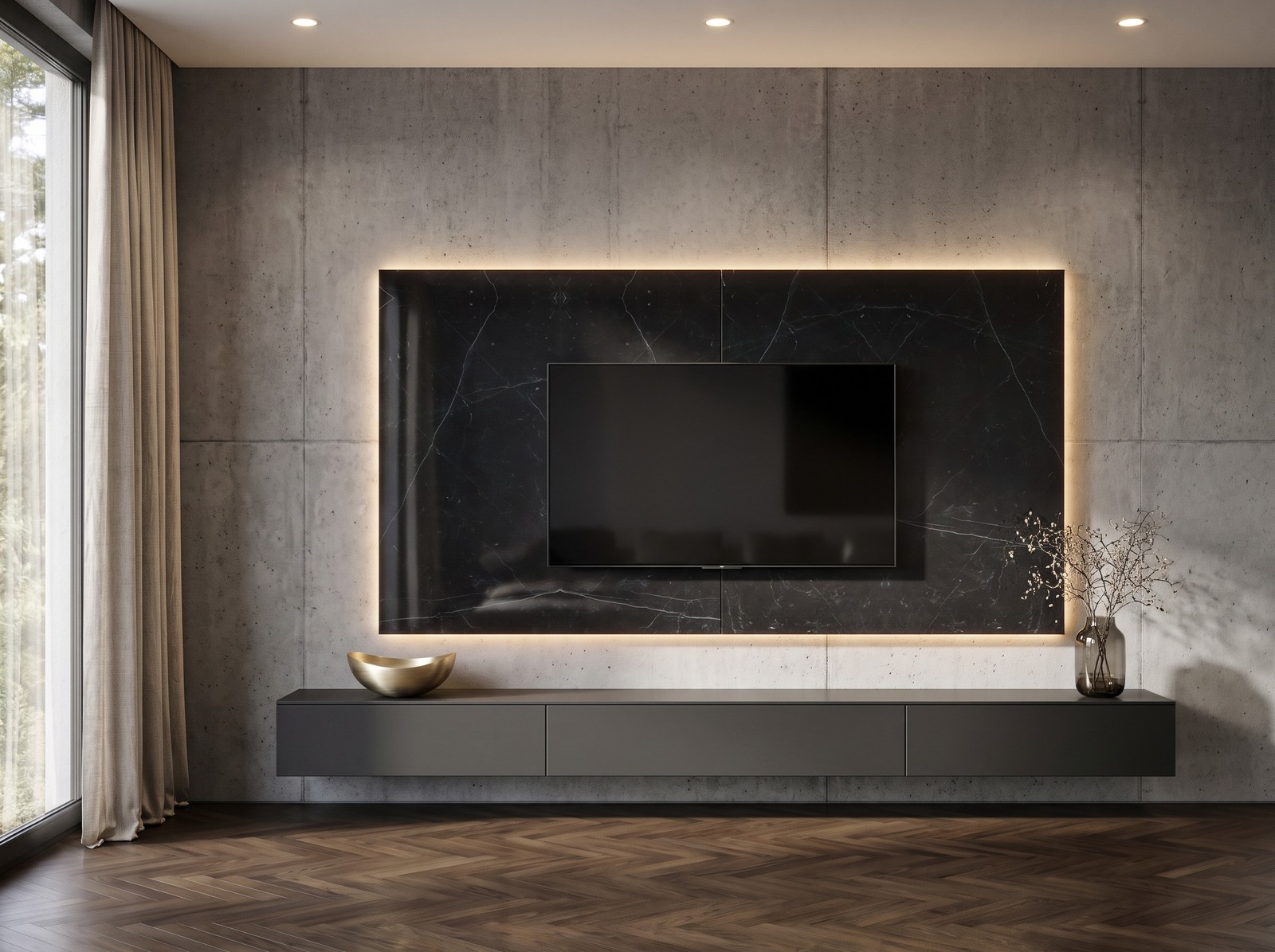 Novamobili TV Paneel Keramik Schwarz Hochglanz (Light Stone Nero), B 240 cm, mit LED-Beleuchtung