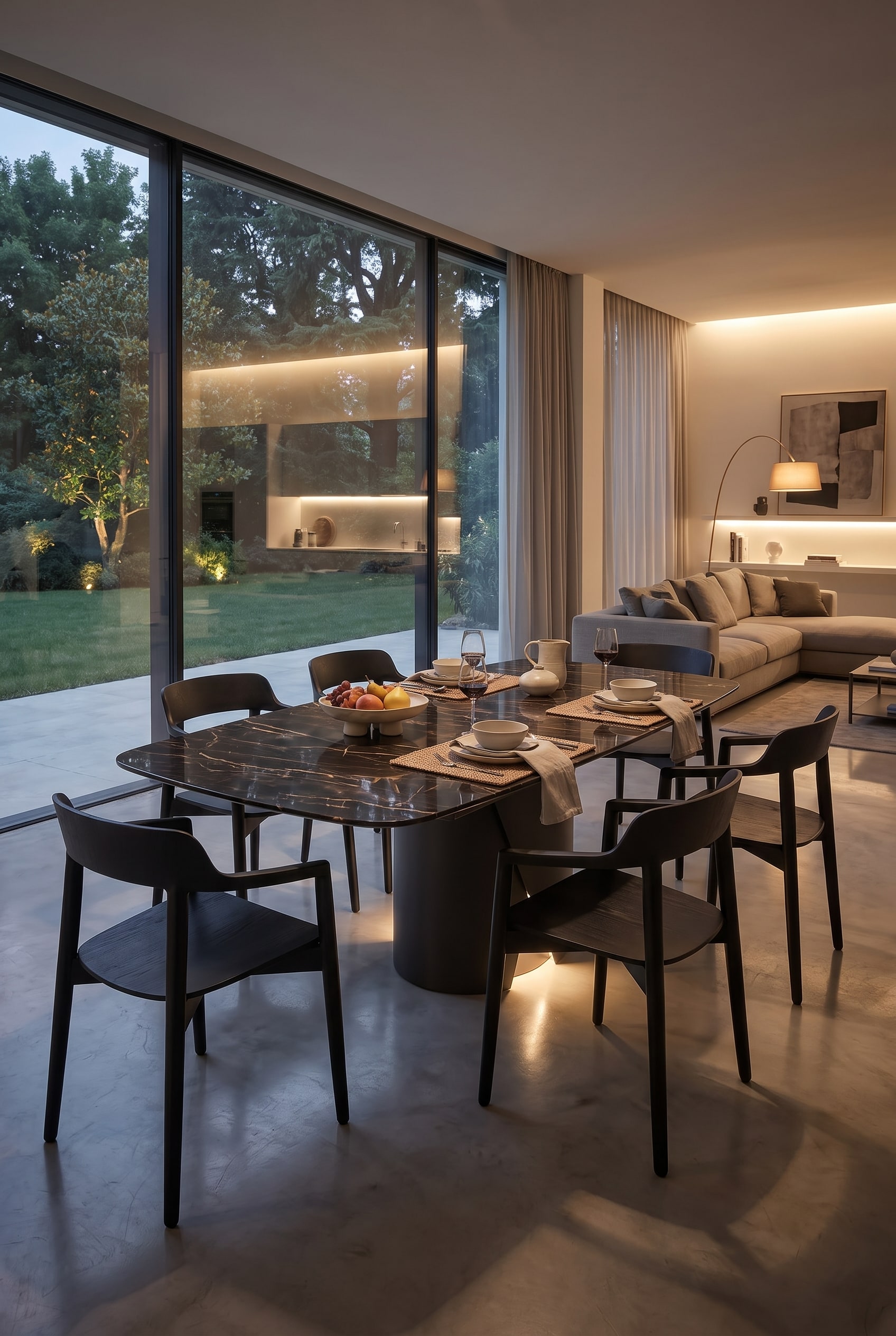 Modernes Esszimmer mit Keramik-Esstisch in Marmoroptik Modernes Esszimmer mit Keramik-Esstisch in Marmoroptik