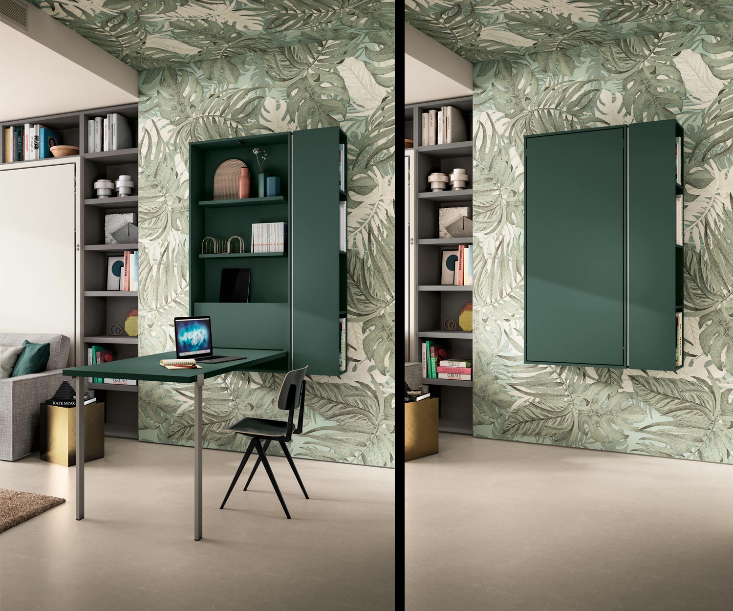 Wandmeubel met logeerbed in de woonkamer en 3-zitsbank Wandmeubel met logeerbed in de woonkamer en 3-zitsbank