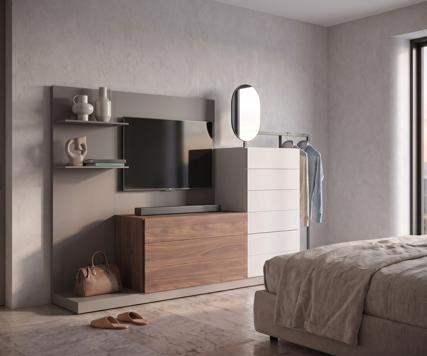 Novamobili Easy 9 ladekast met garderobe en TV-paneel Slaapkamer ladekast Easy 9 van Novamobili met TV-paneel en garderobestang, modern Italiaans design in hout en lak.