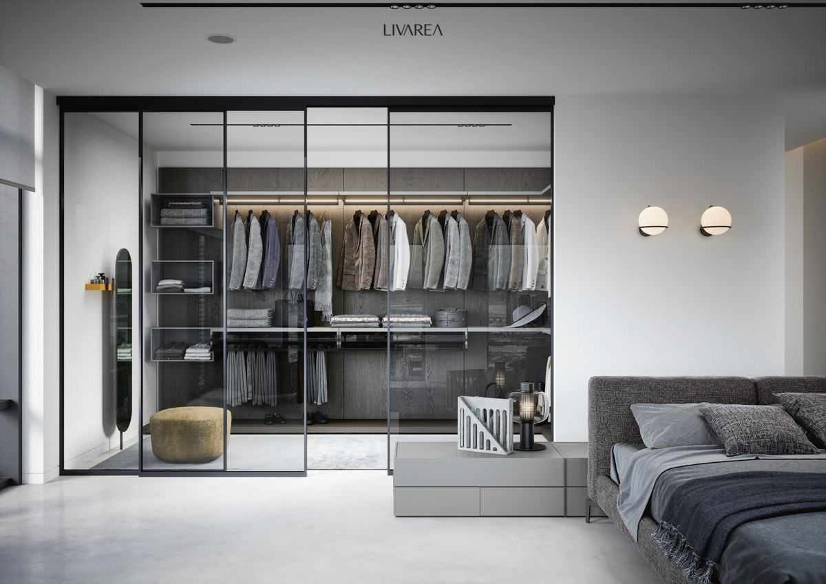 Open garderobesysteem voor het aankleden met open vakken, broekhouders en horizontaal gemonteerde leds op de kledingroede Open garderobesysteem voor het aankleden met open vakken, broekhouders en horizontaal gemonteerde leds op de kledingroede