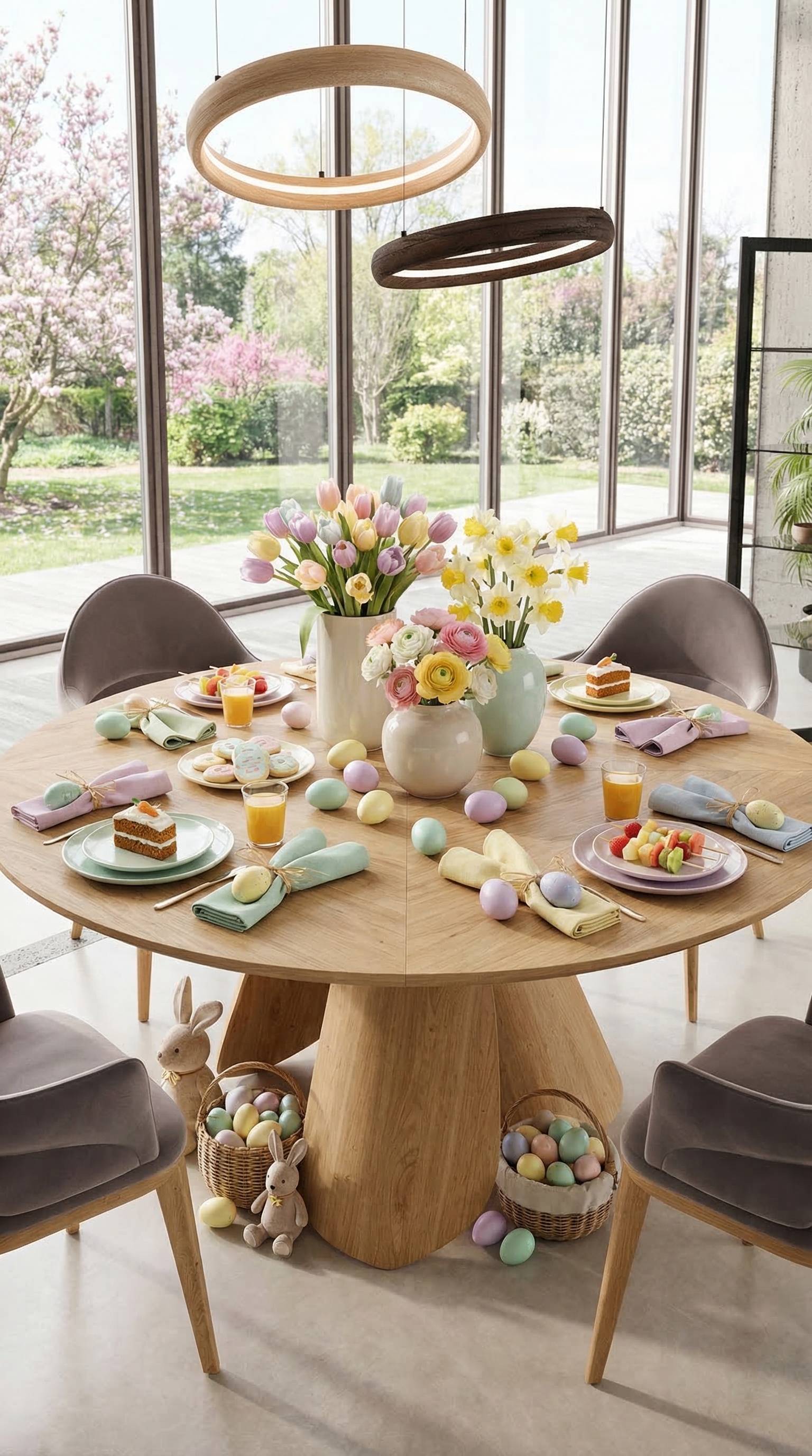 Een ronde eettafel met kindvriendelijke paasdecoratie in pastelkleuren en servettenhaasjes. Een ronde eettafel met kindvriendelijke paasdecoratie in pastelkleuren en servettenhaasjes.