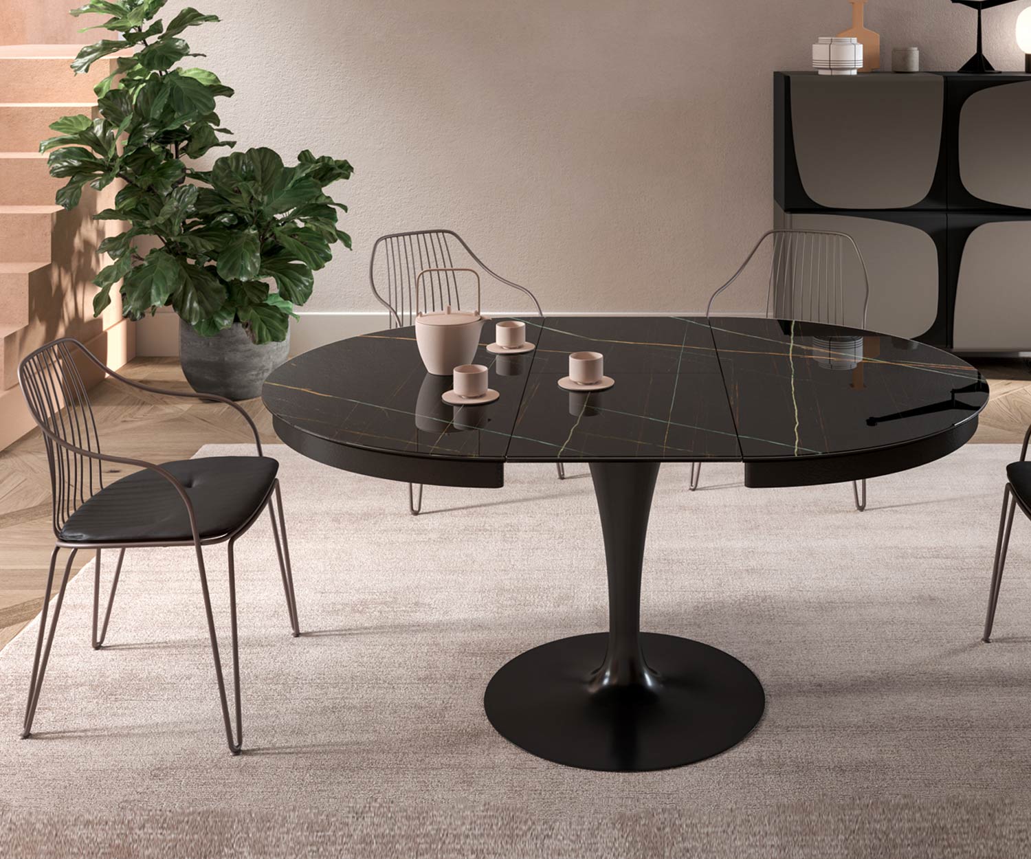 Ozzio Eclipse eettafel bij verlengde breedte 165 cm metalen onderstel Ozzio Eclipse eettafel bij verlengde breedte 165 cm metalen onderstel