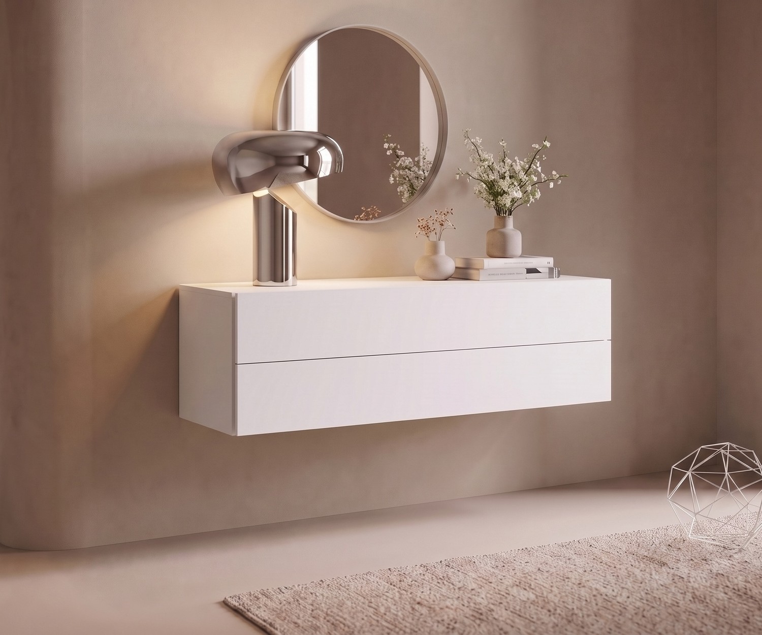 Novamobili Easy zwevende ladekast in het wit Hangend dressoir Novamobili Easy voor de hal, zwevend wit ladekastje in een minimalistische, moderne stijl