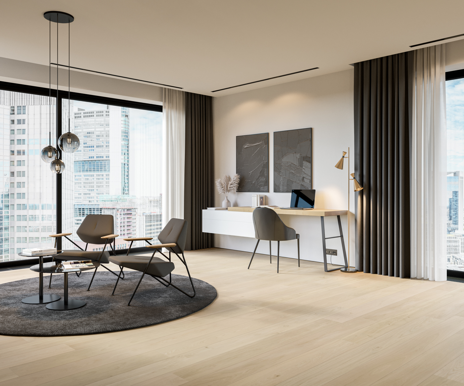 Luxe flat met modern bureau, ladekast en zithoek met comfortabele fauteuils