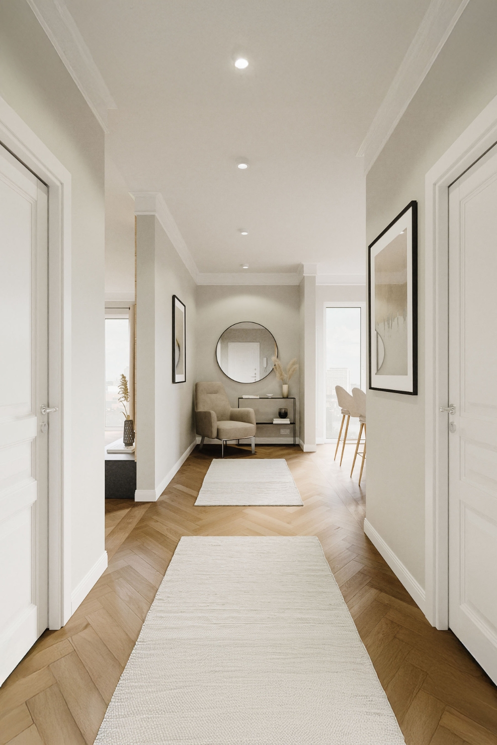 lange-lichte-hal-met-elegante-console-ronde-spiegel-en-gestoffeerde-fauteuil